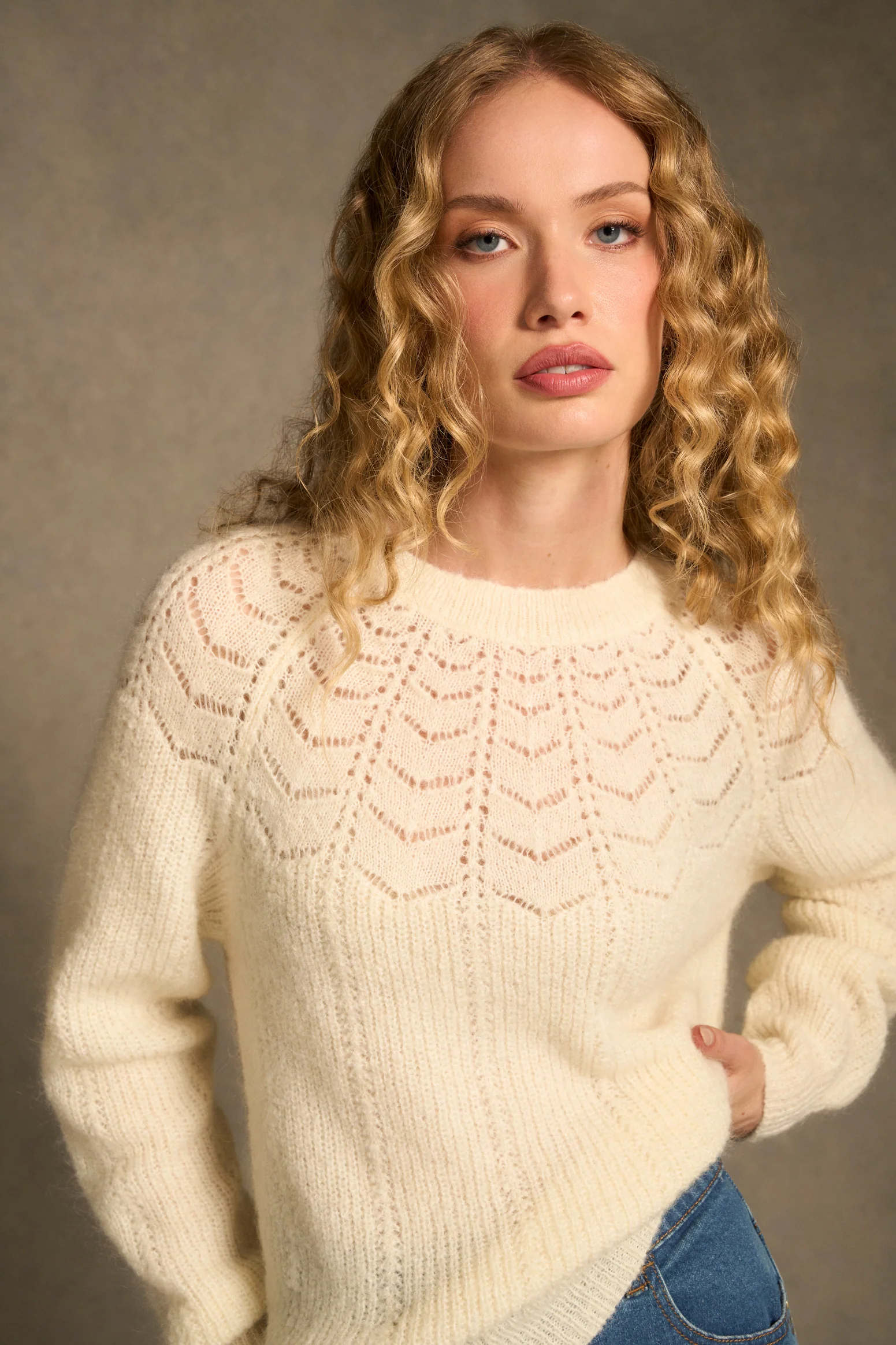 Pointelle Mohair Blend Knit – Cream - Image 3