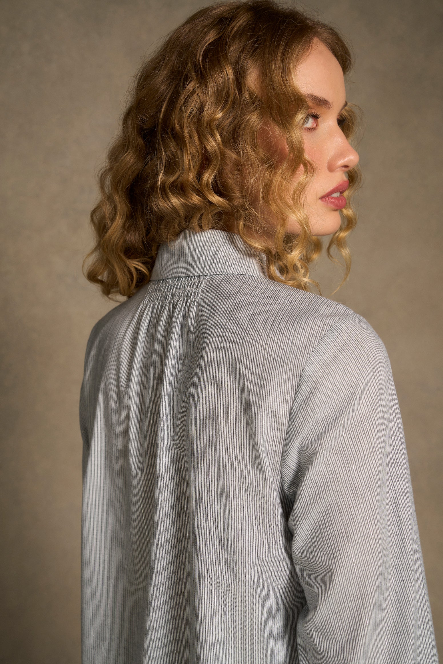 Lurex Stripe Shirred Shirt - Navy & White Pinstripe - Image 6