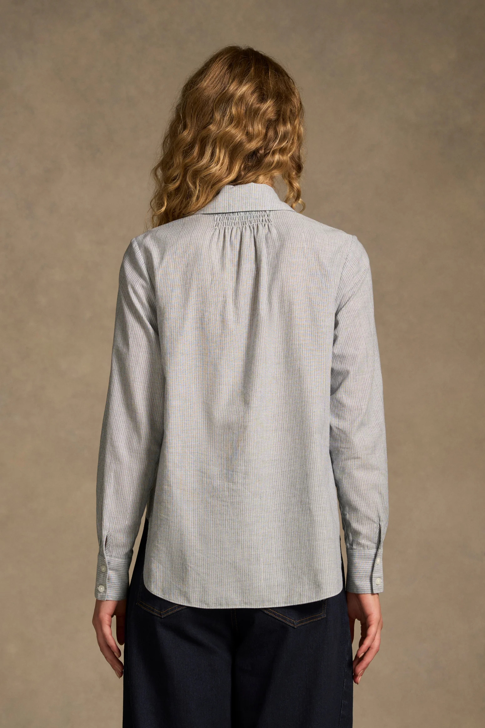 Lurex Stripe Shirred Shirt - Navy & White Pinstripe - Image 7