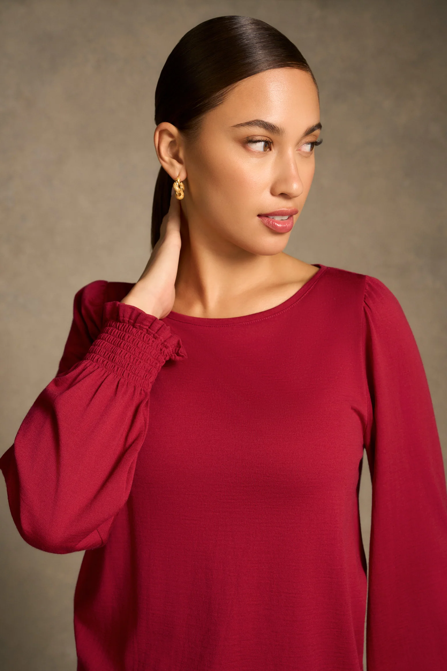 Shirred Cuff Merino Top - Crimson - Image 3