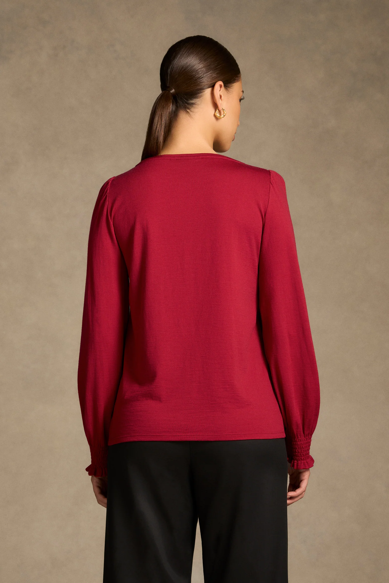 Shirred Cuff Merino Top - Crimson - Image 4