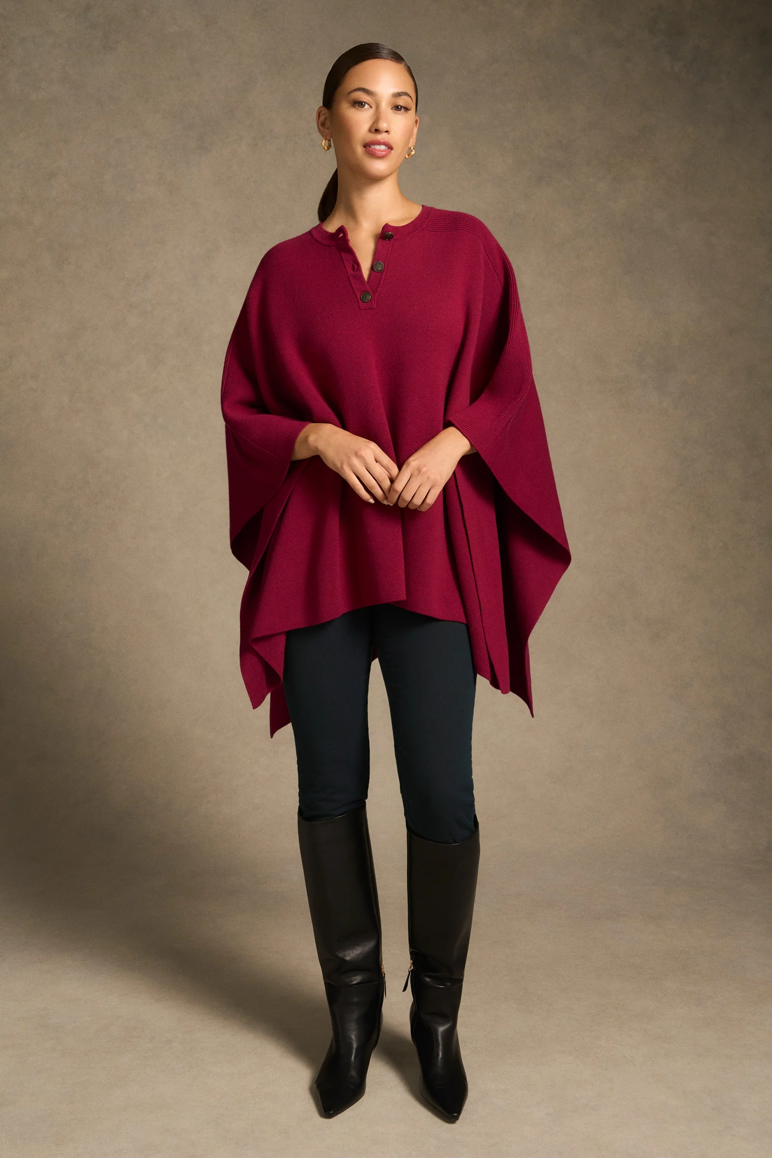 Button Detail Poncho - Wine - Image 3