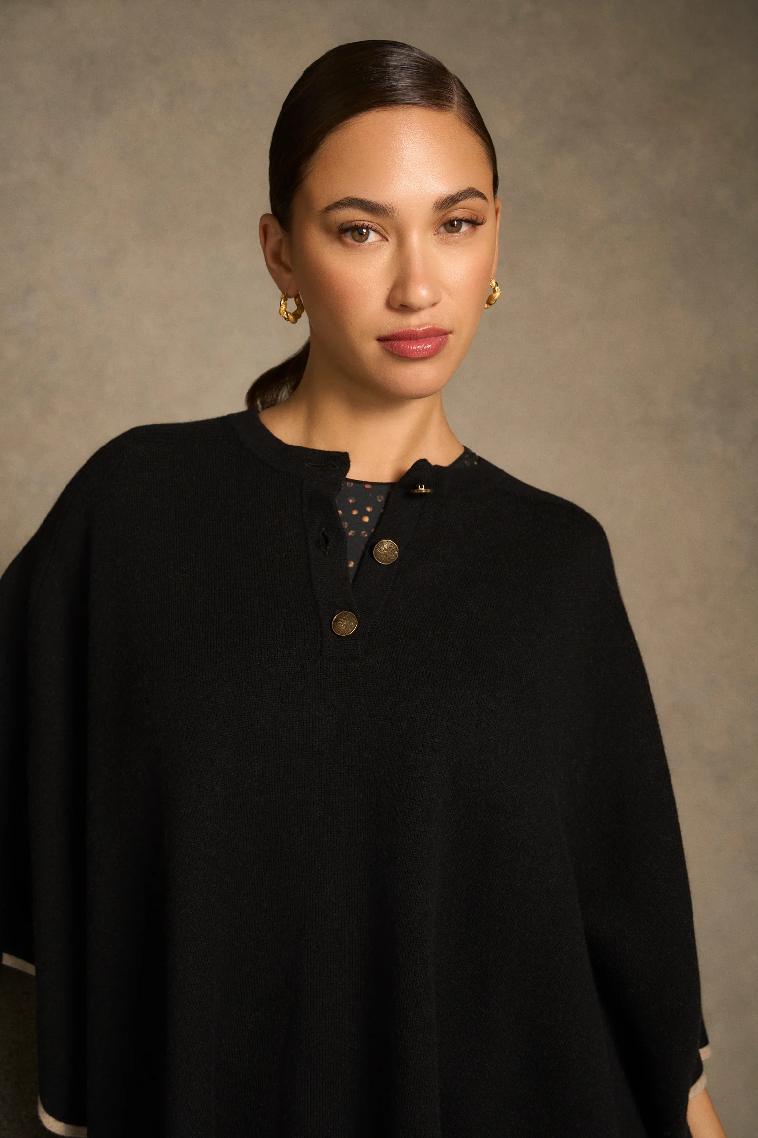 Button Detail Poncho - Black - Image 2