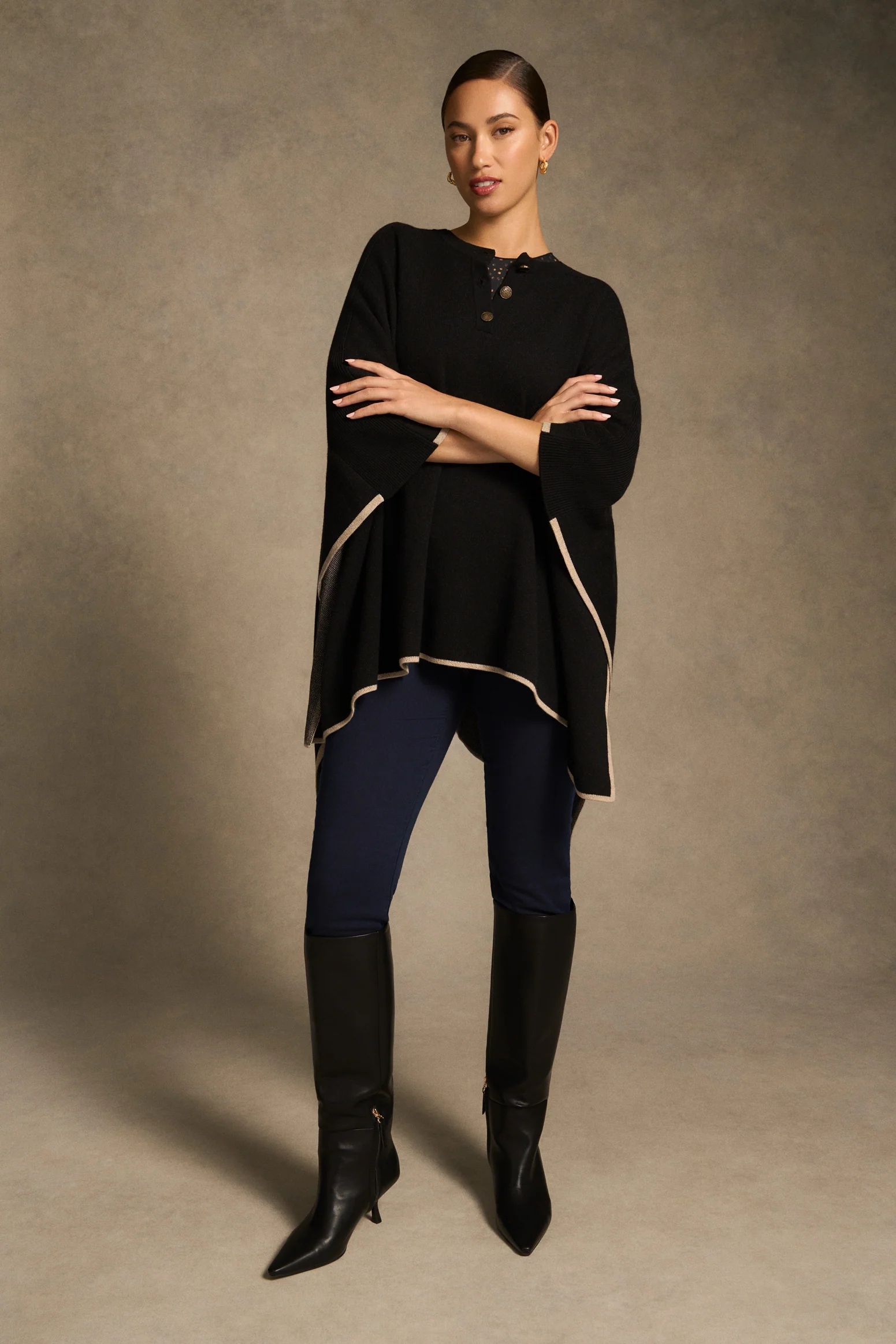Button Detail Poncho - Black - Image 3