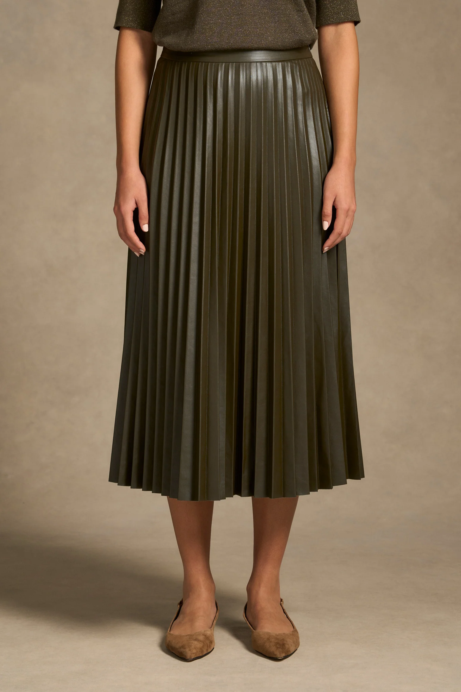 Pleated Faux Leather Skirt - Olive - Image 3