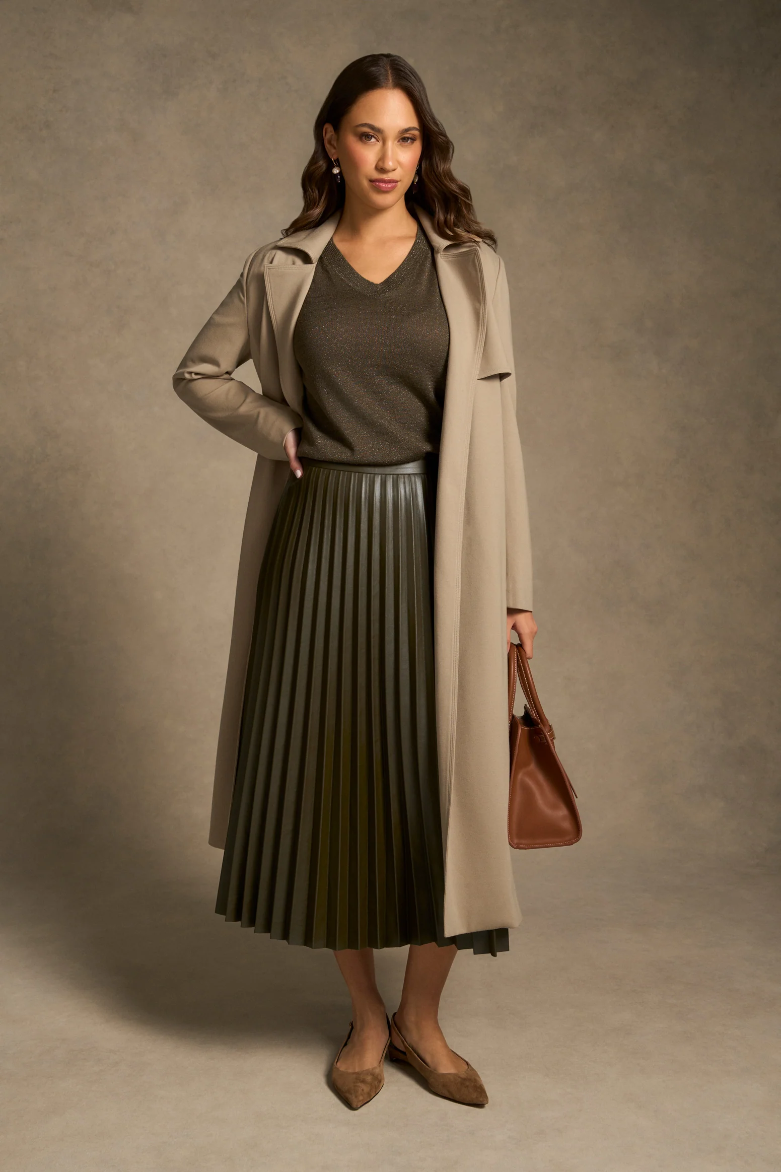 Pleated Faux Leather Skirt - Olive - Image 5