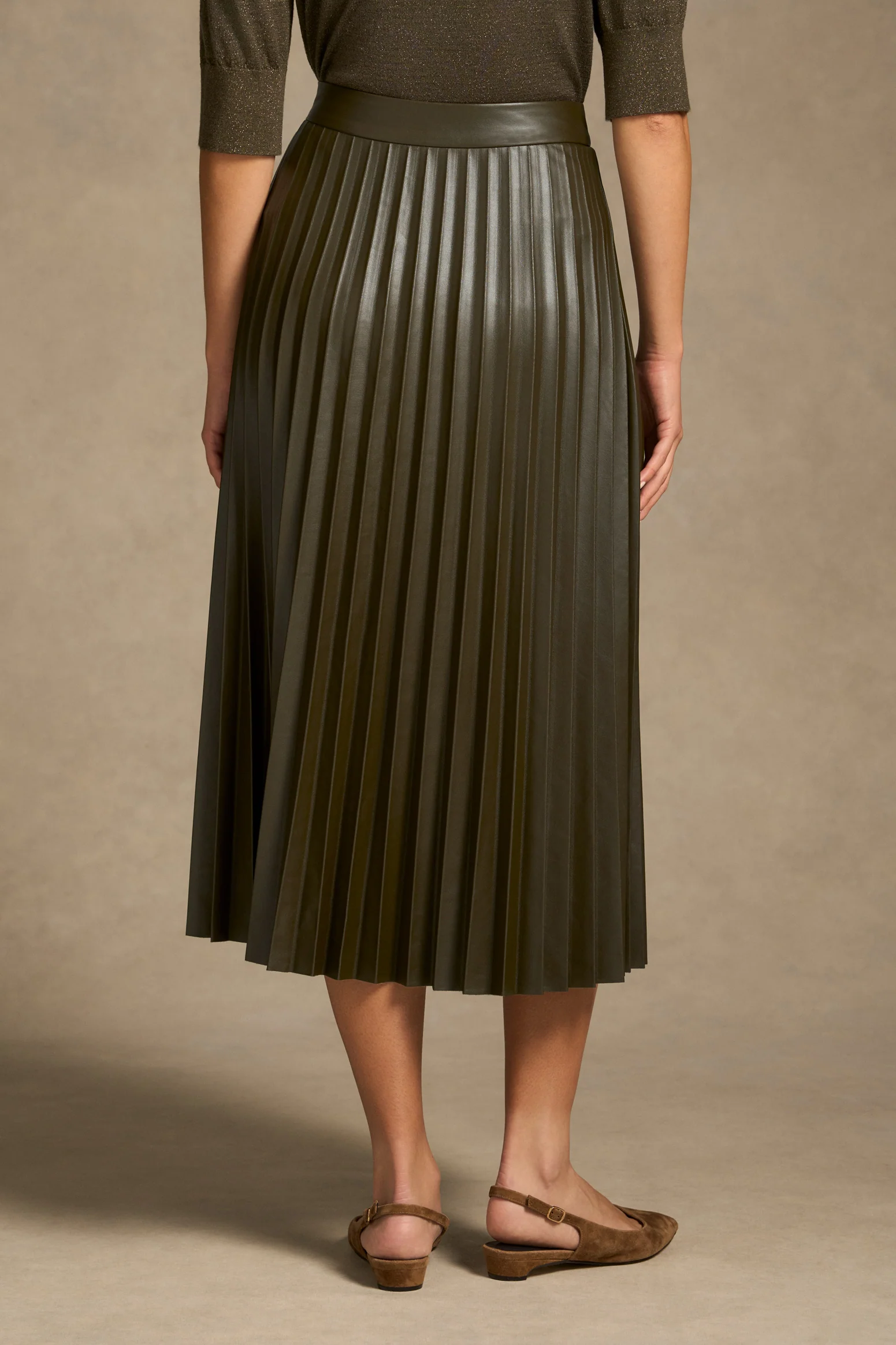 Pleated Faux Leather Skirt - Olive - Image 6
