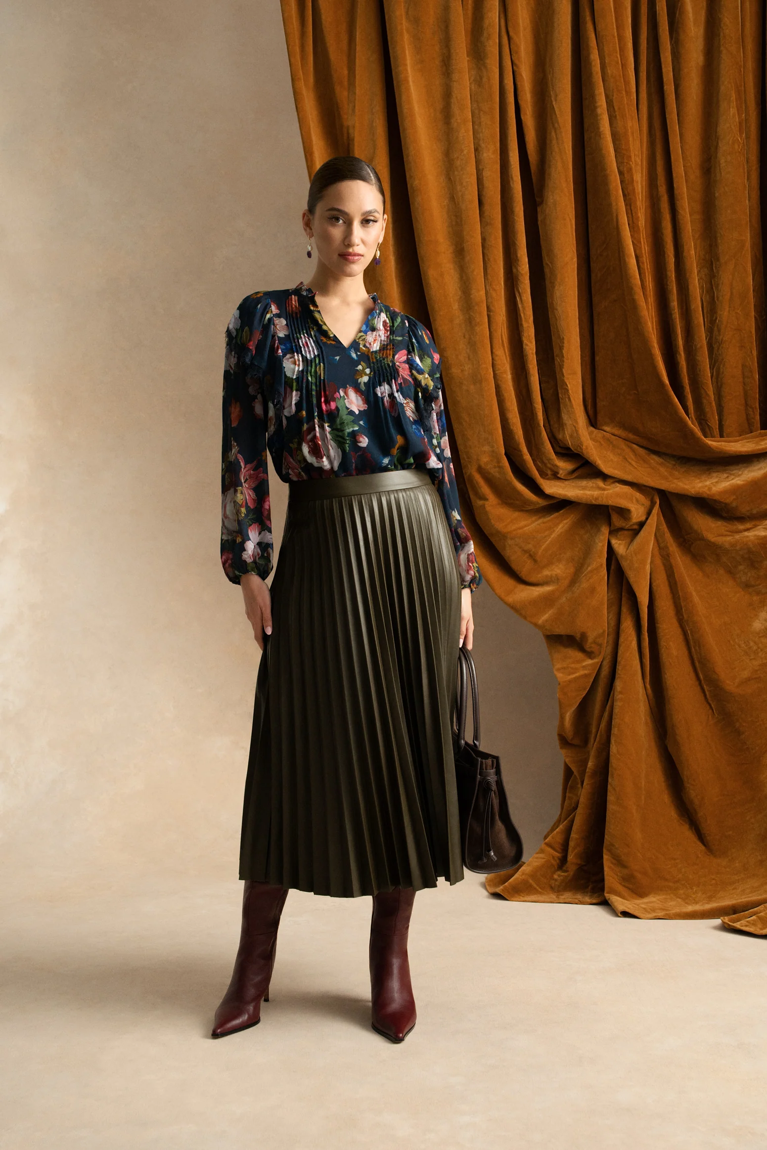 Pleated Faux Leather Skirt - Olive - Image 7