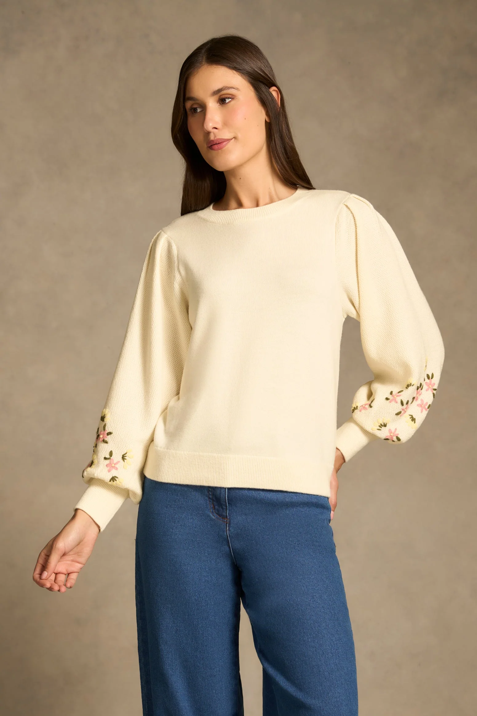 Embroidered Wool Jumper - Cream - Image 2