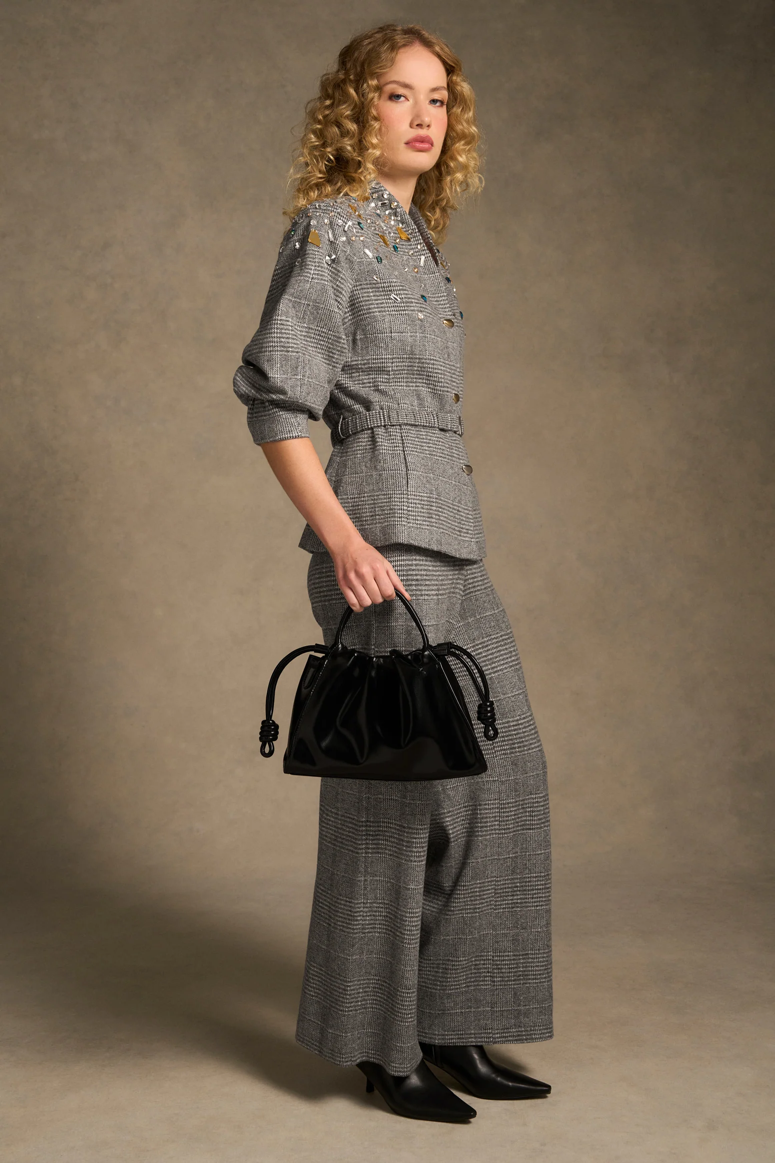 Sculpted Beaded Check Jacket - Glen Check - Image 3