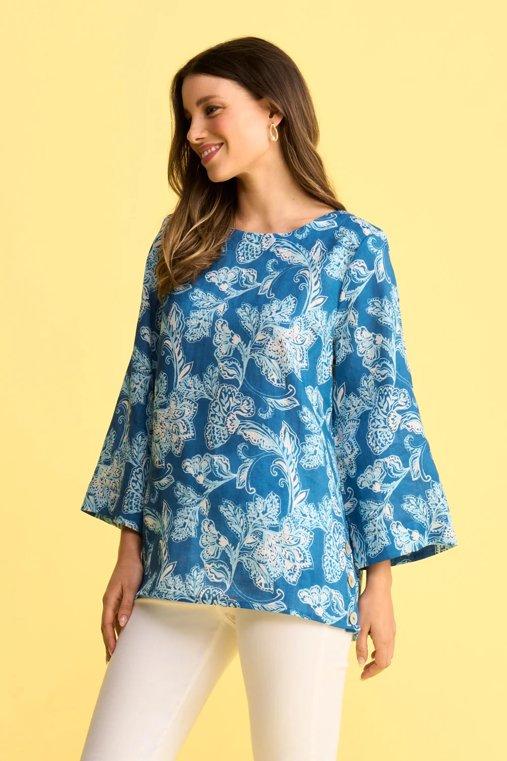 French Linen Button Detail Top - Blue Print - Image 3
