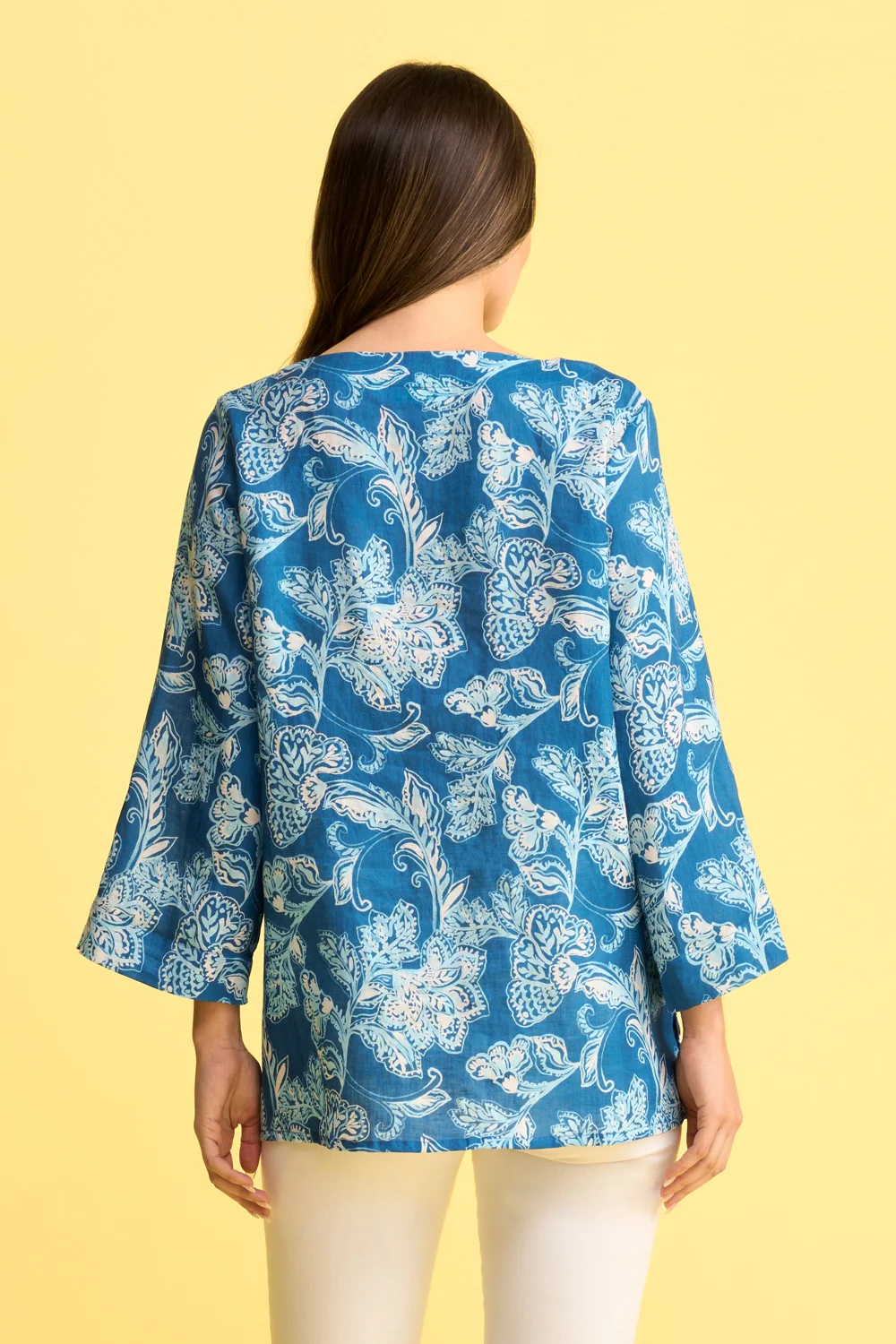 French Linen Button Detail Top - Blue Print - Image 5