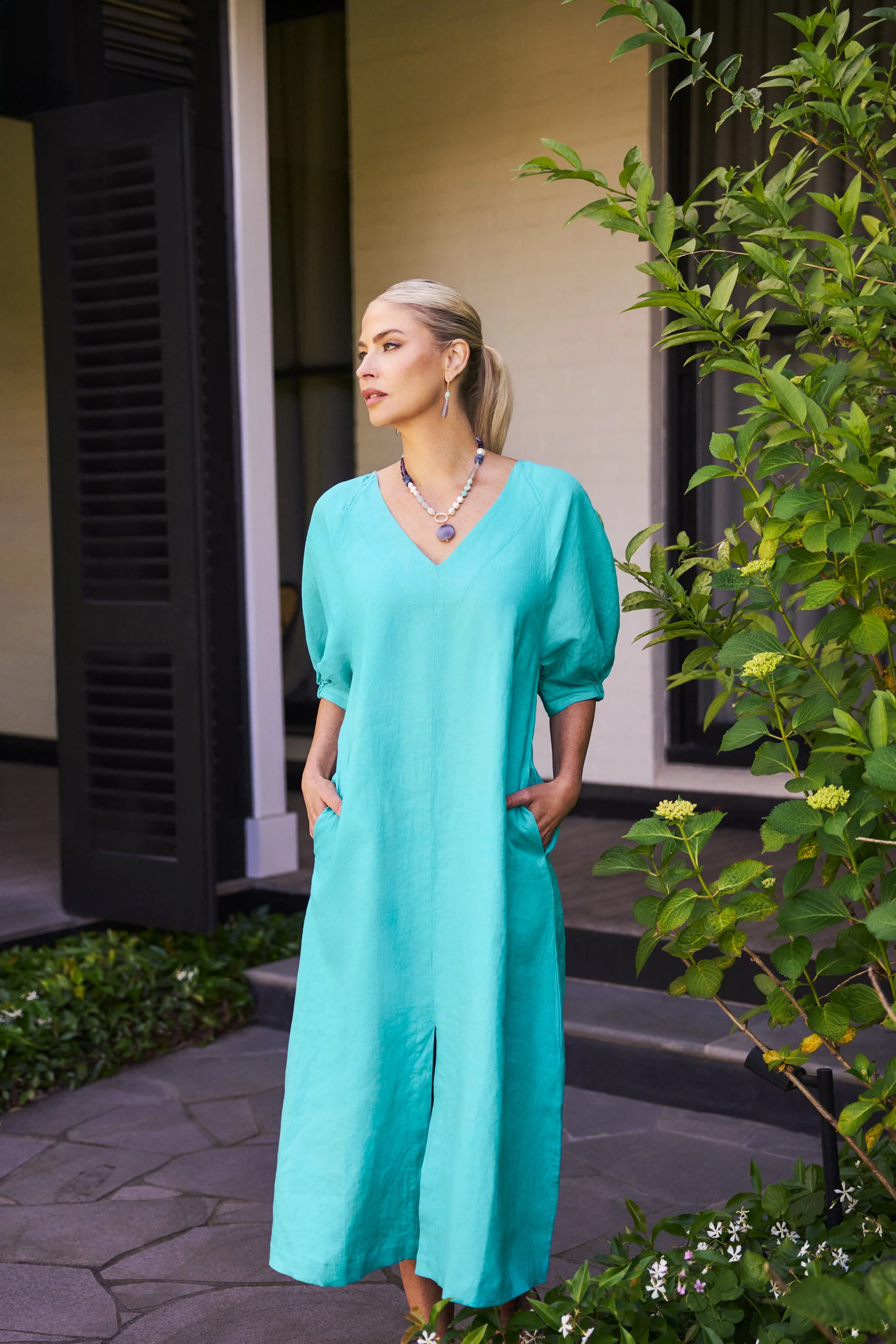 Raglan Sleeve Linen Dress - Aqua Blue - Image 2