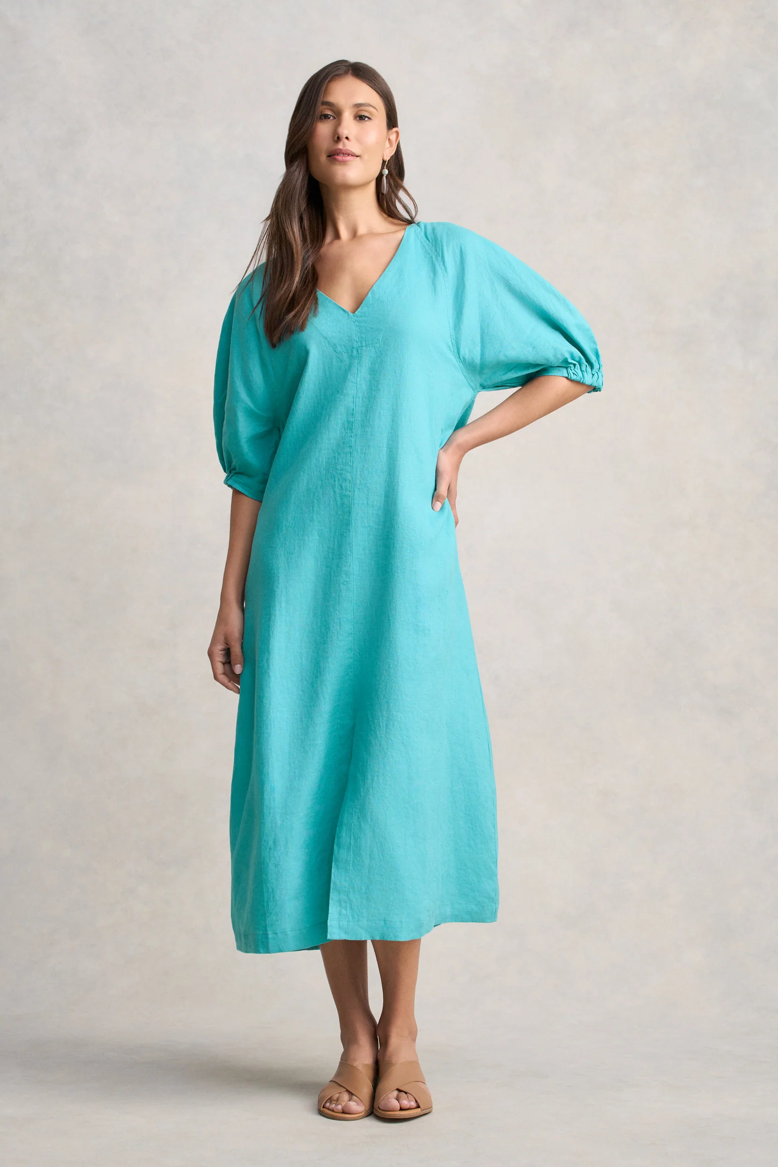 Raglan Sleeve Linen Dress - Aqua Blue - Image 3