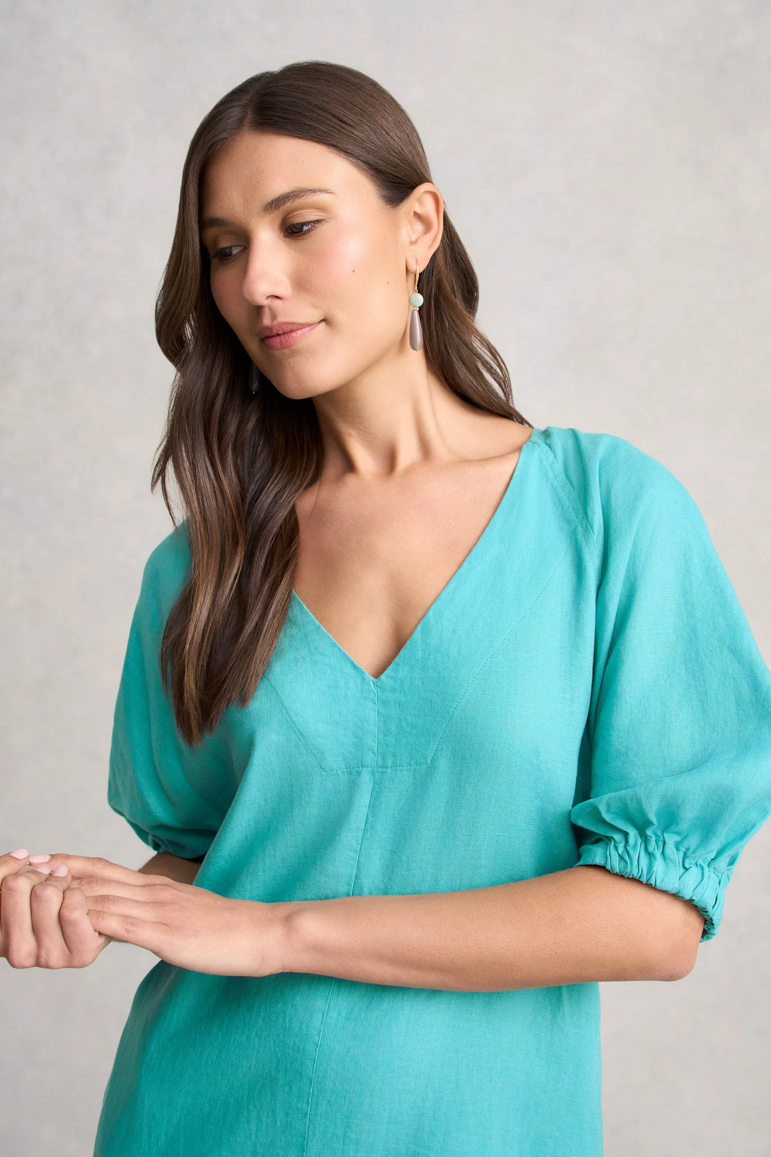 Raglan Sleeve Linen Dress - Aqua Blue - Image 4