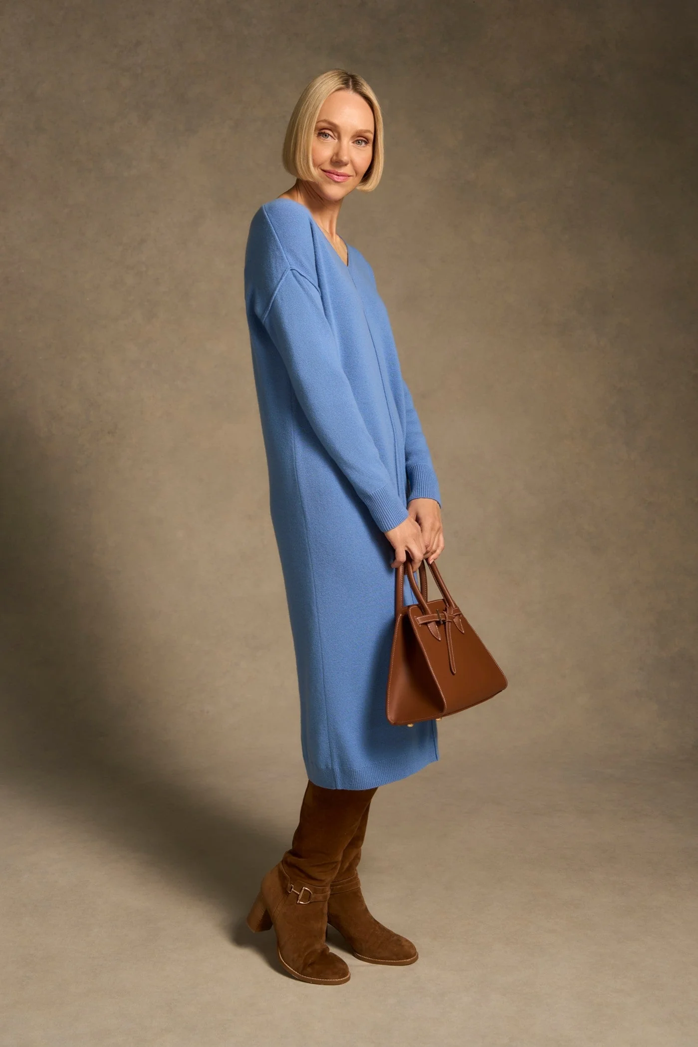 Merino V-Neck Knit Dress - Cornflower Blue - Image 3