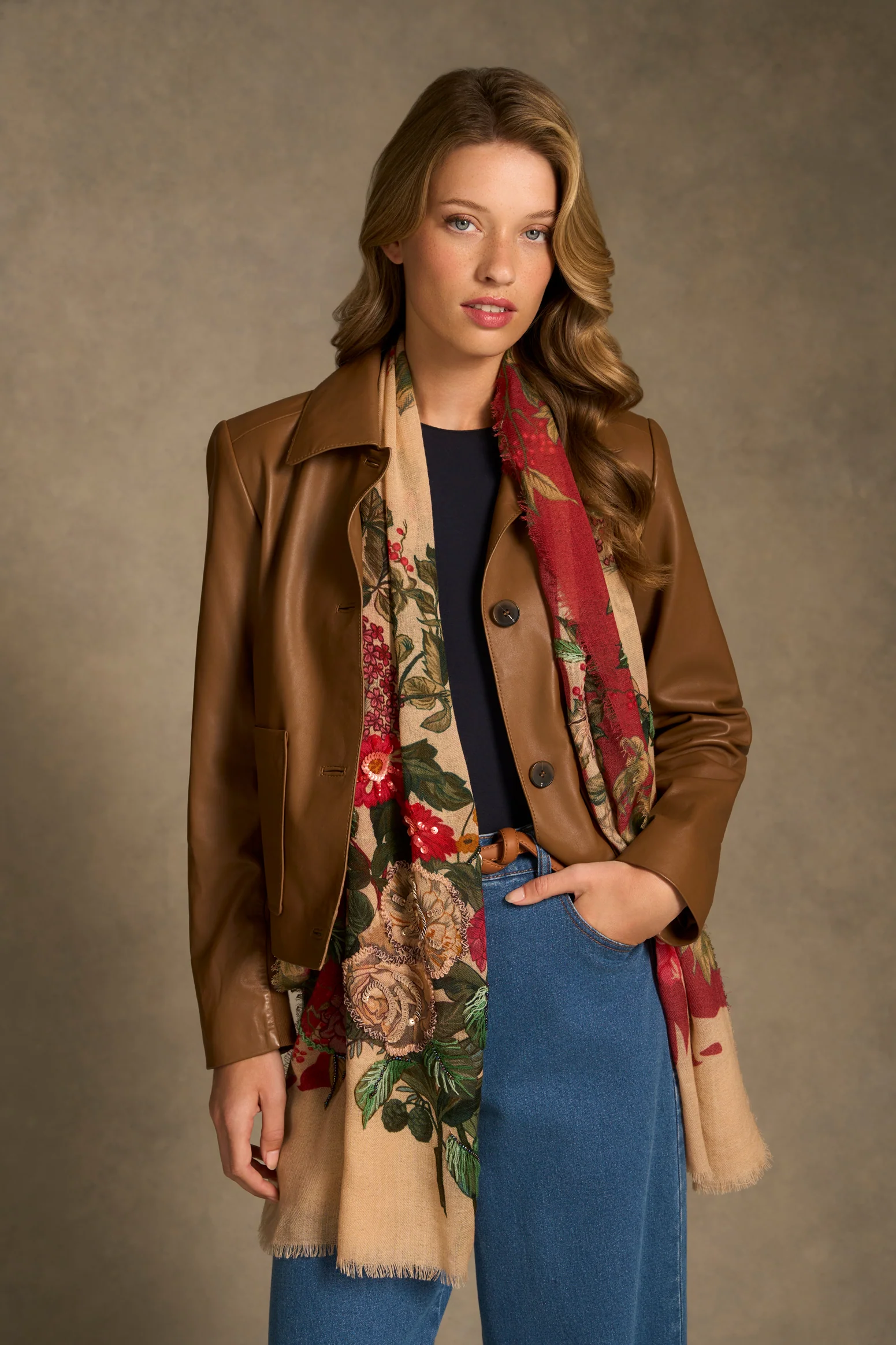 Embellished Floral Wool Scarf - Multicolour - Image 2