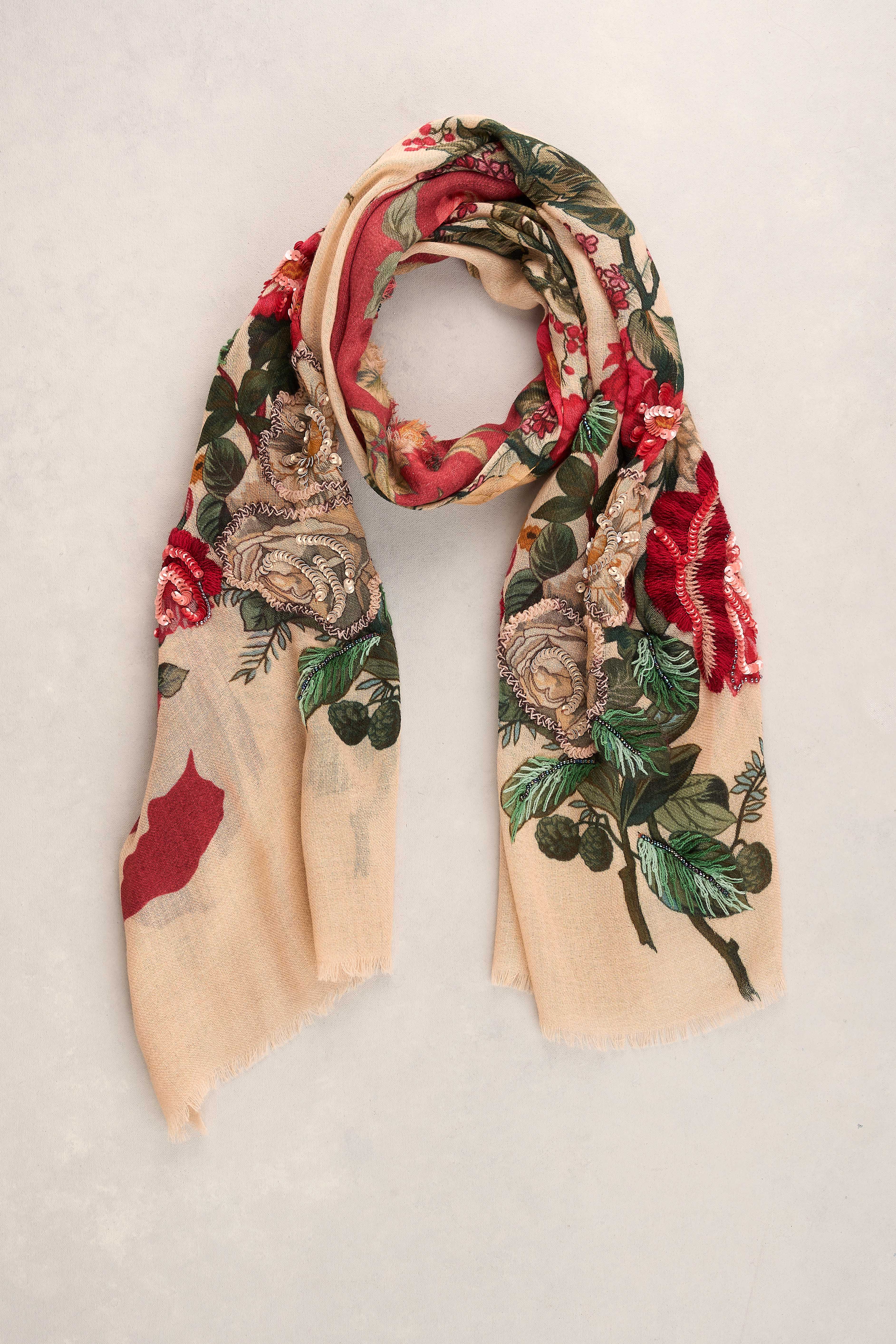Embellished Floral Wool Scarf - Multicolour - Image 3