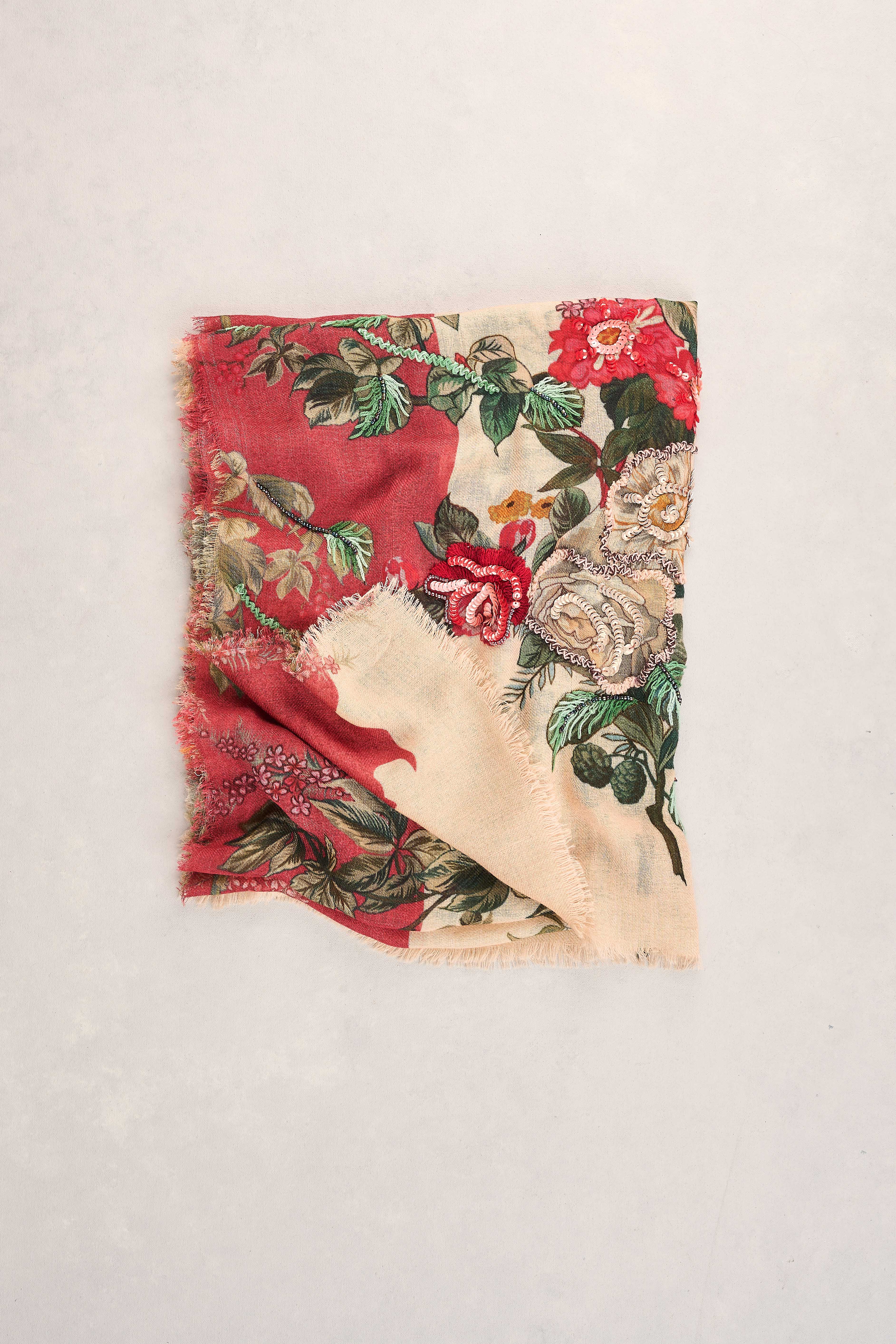 Embellished Floral Wool Scarf - Multicolour - Image 4