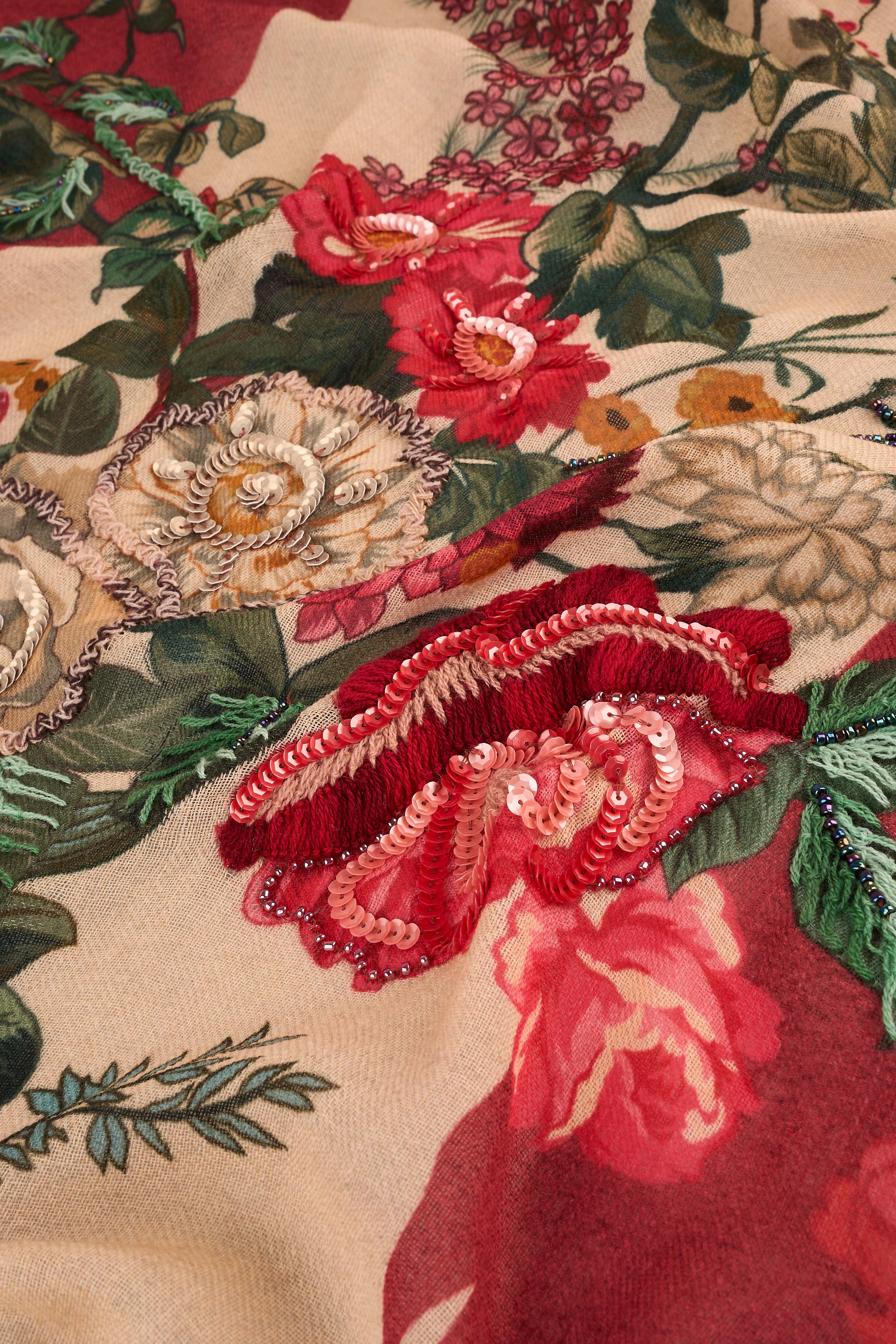 Embellished Floral Wool Scarf - Multicolour - Image 5