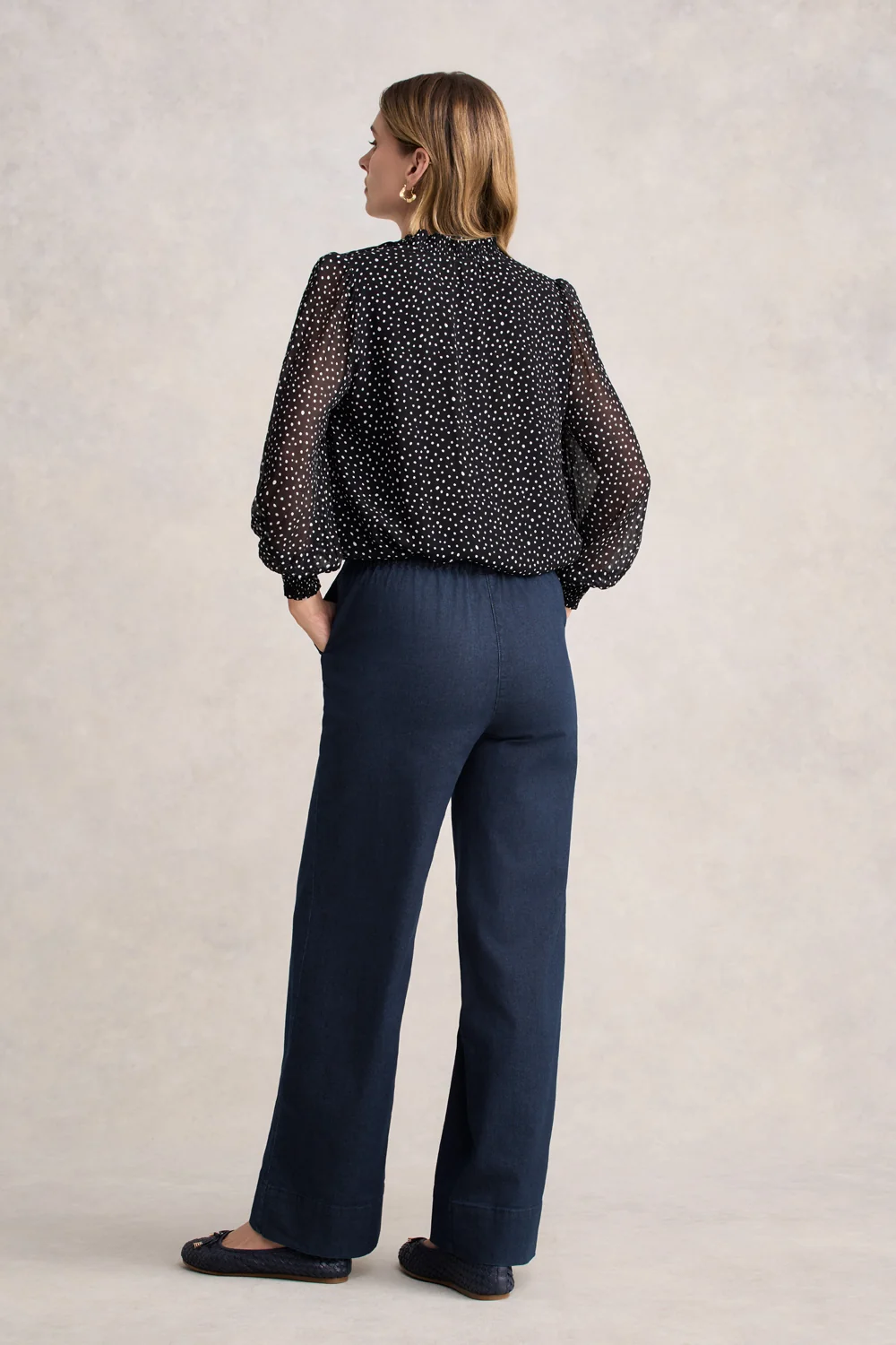 Shirred Georgette Blouse - Black & White Spot - Image 5