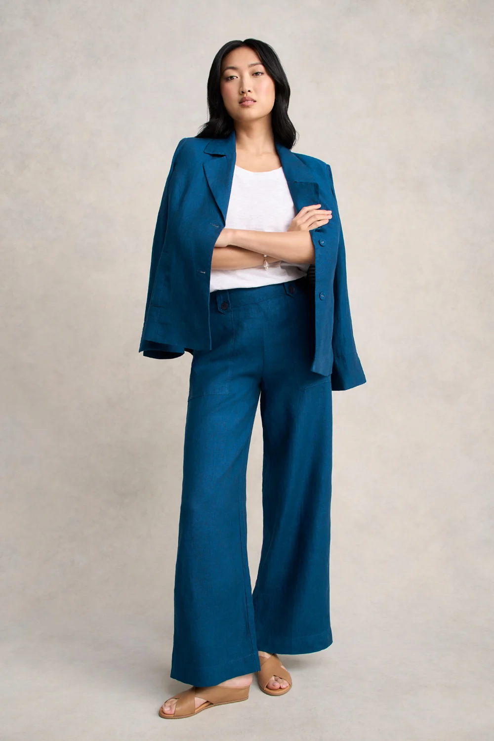 Full Length Waist Tab Linen Pant - Navy Delave - Image 2