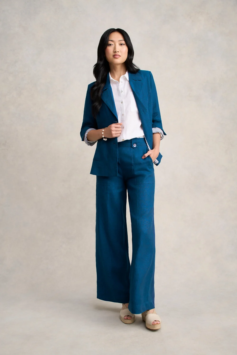 Full Length Waist Tab Linen Pant - Navy Delave - Image 5