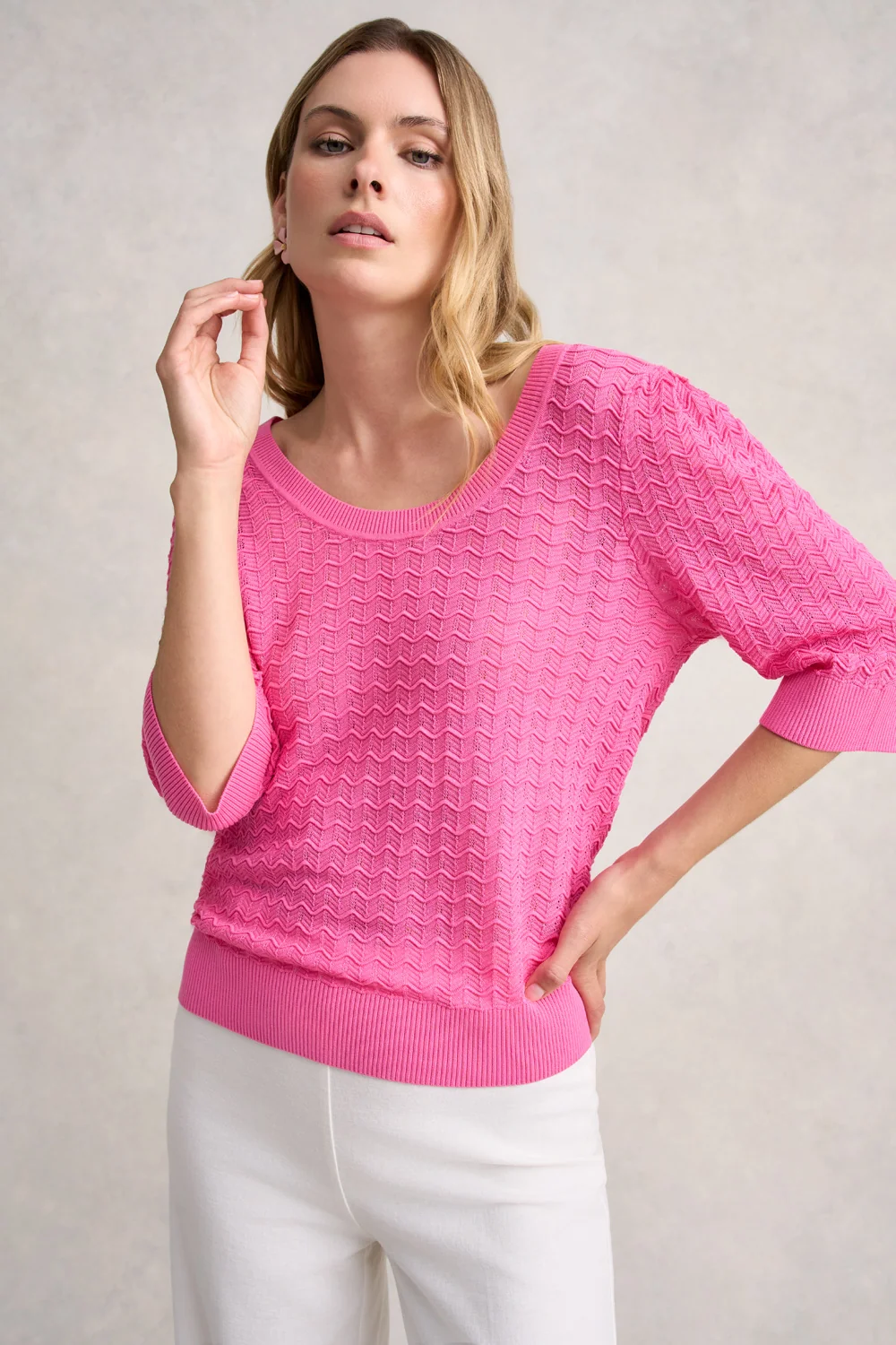 Short Sleeve Textured Knit - Vivid Pink - Image 2