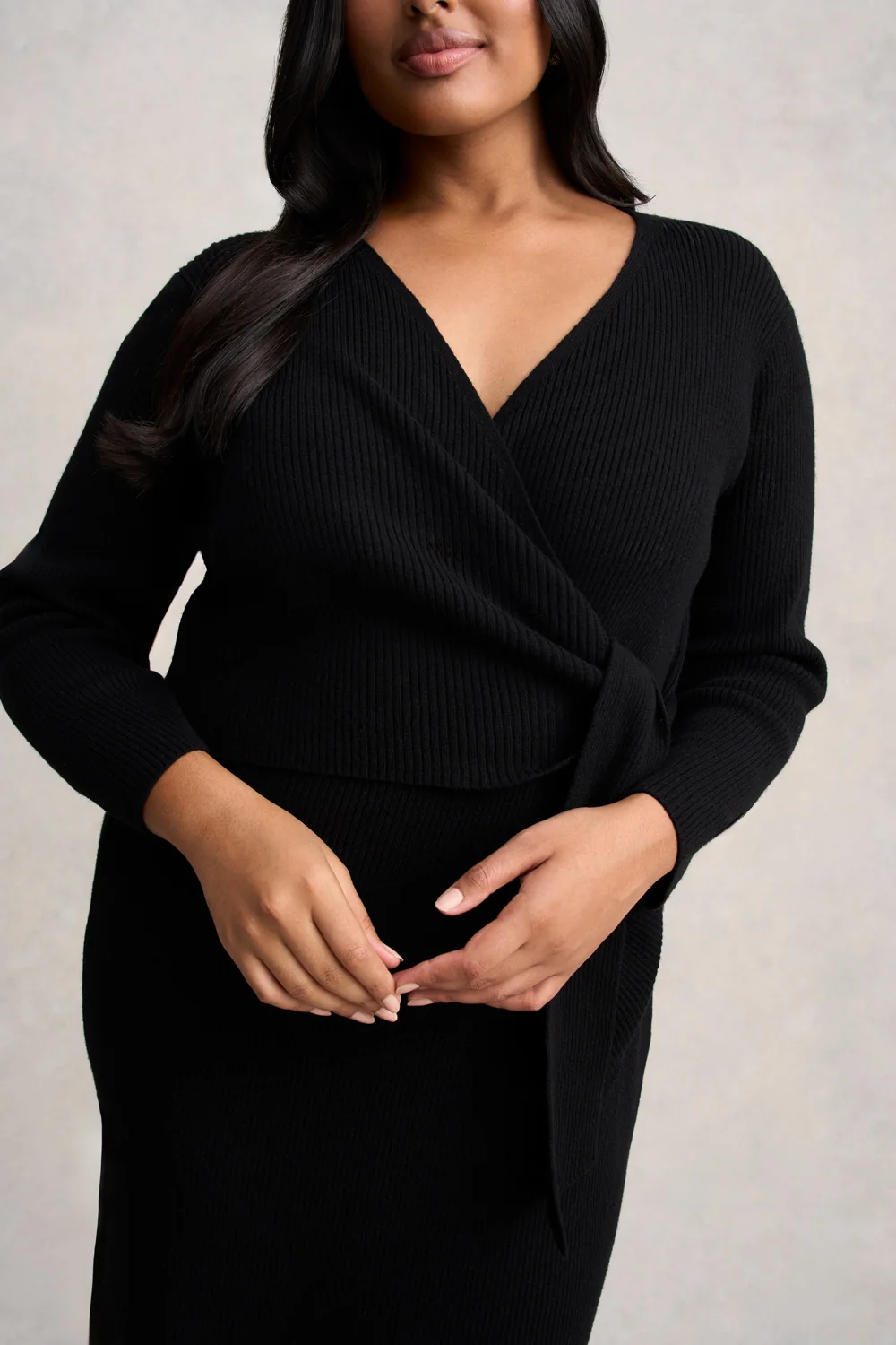 Wrap Detail Knit Dress - Black - Image 3