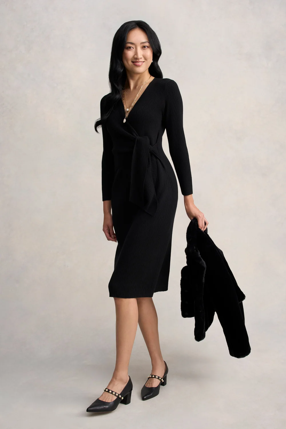 Wrap Detail Knit Dress - Black - Image 7