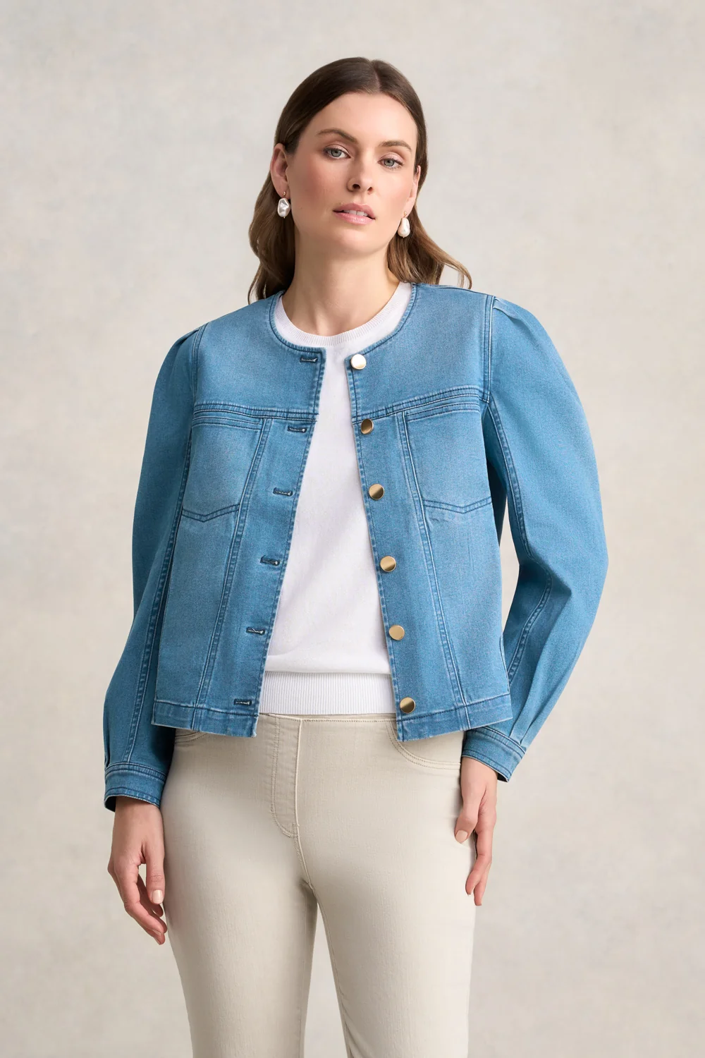 Puff Sleeve Denim Jacket- Mid Denim Blue - Image 2