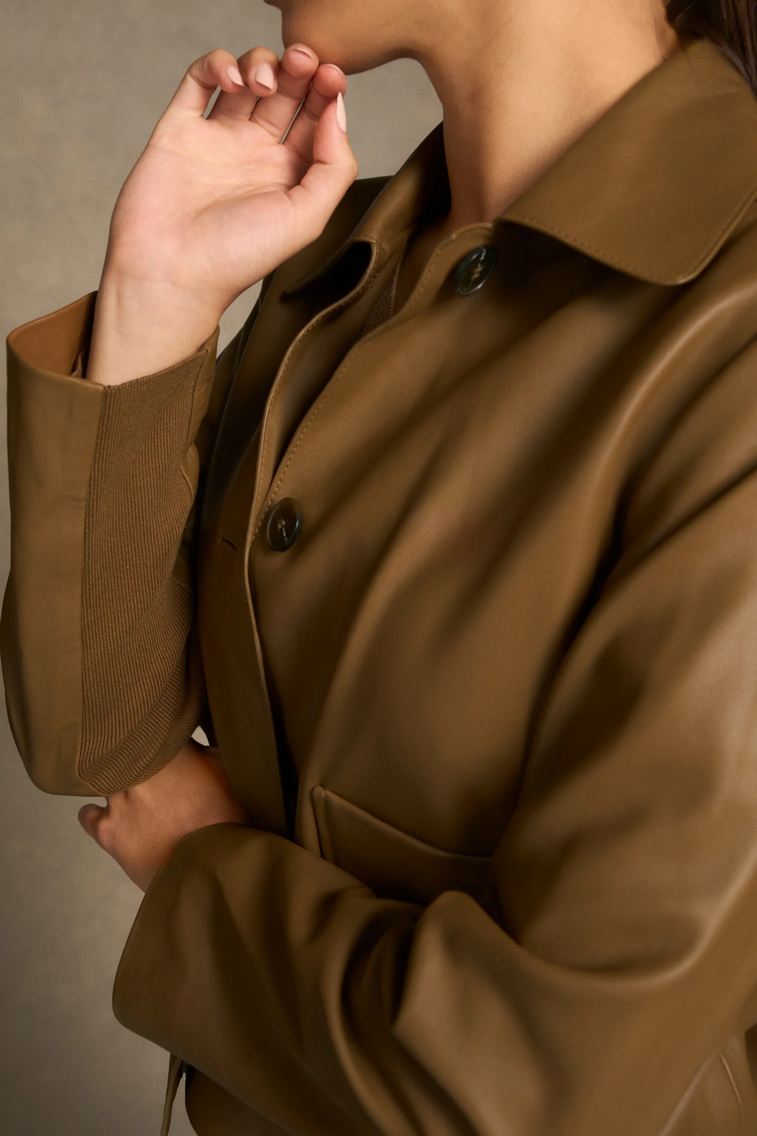 Buttoned Leather Jacket - Tan - Image 3