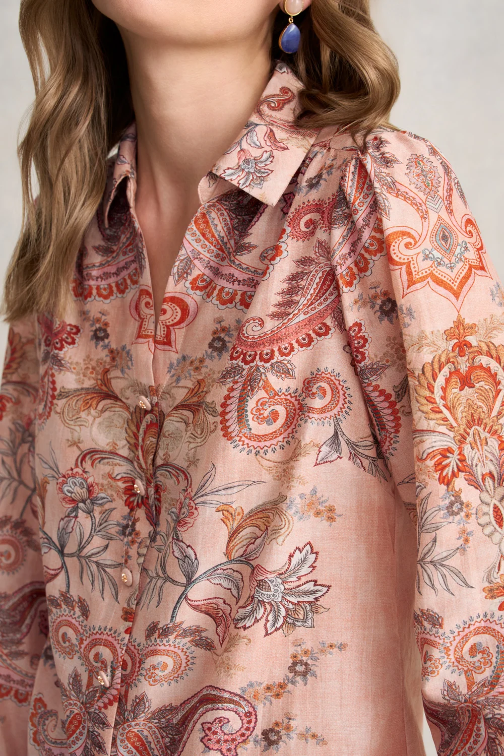 Cotton Silk Printed Shirt – Peach Paisley Print - Image 5