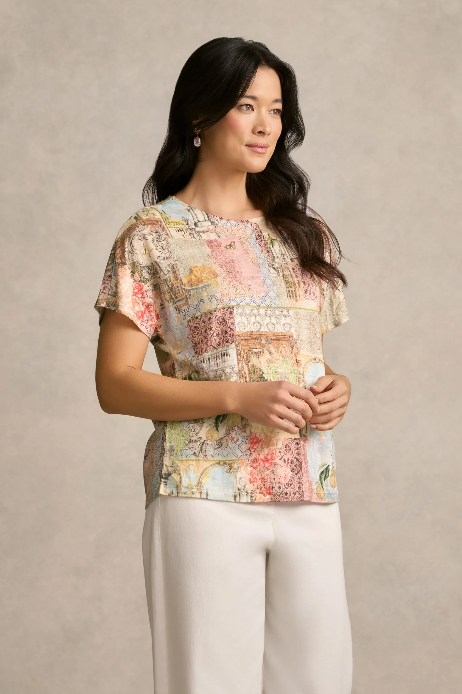 Printed Linen Tee - Villa Fleurie Print - Image 3