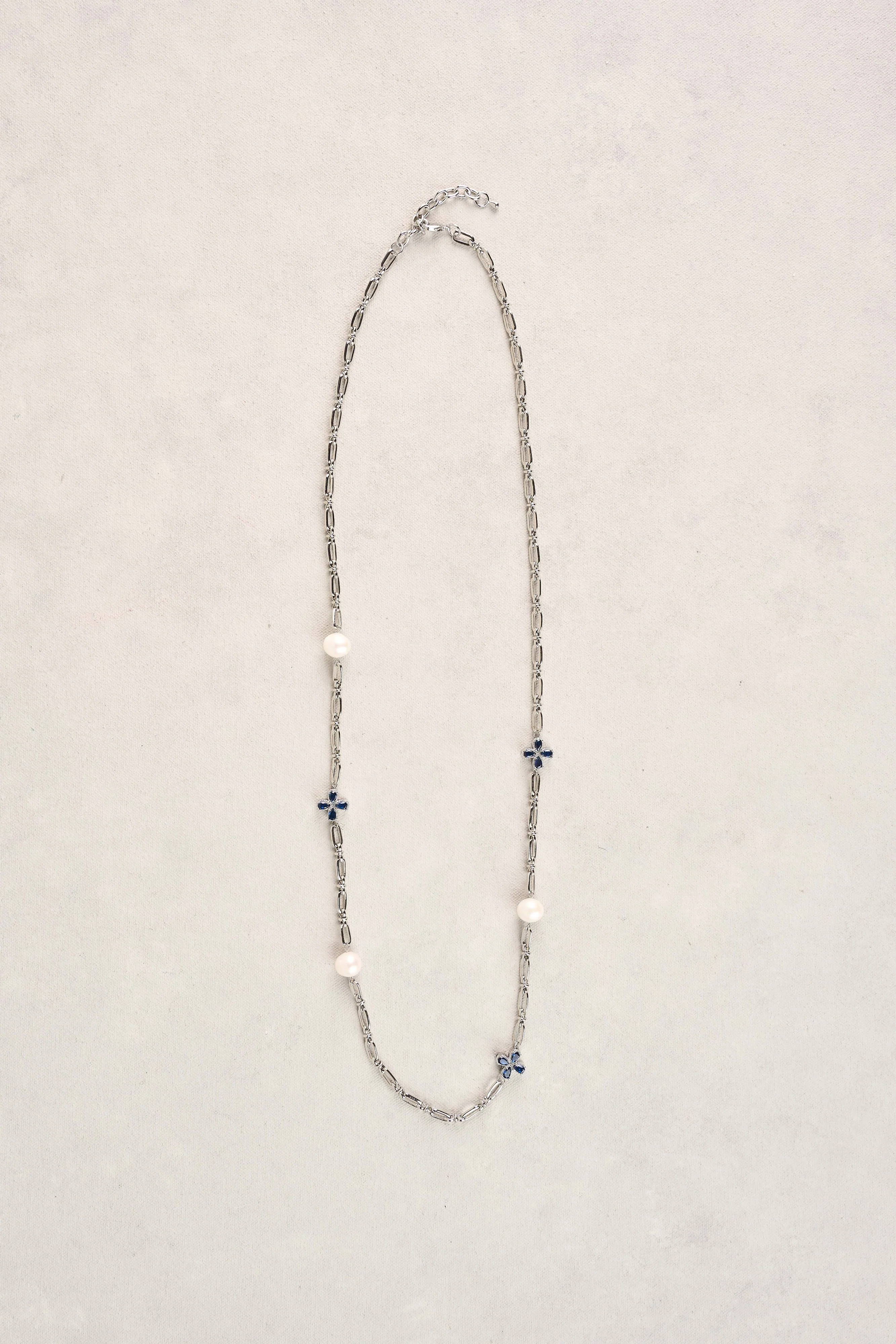 Long Pearl Link Clover Necklace - Blue - Image 2