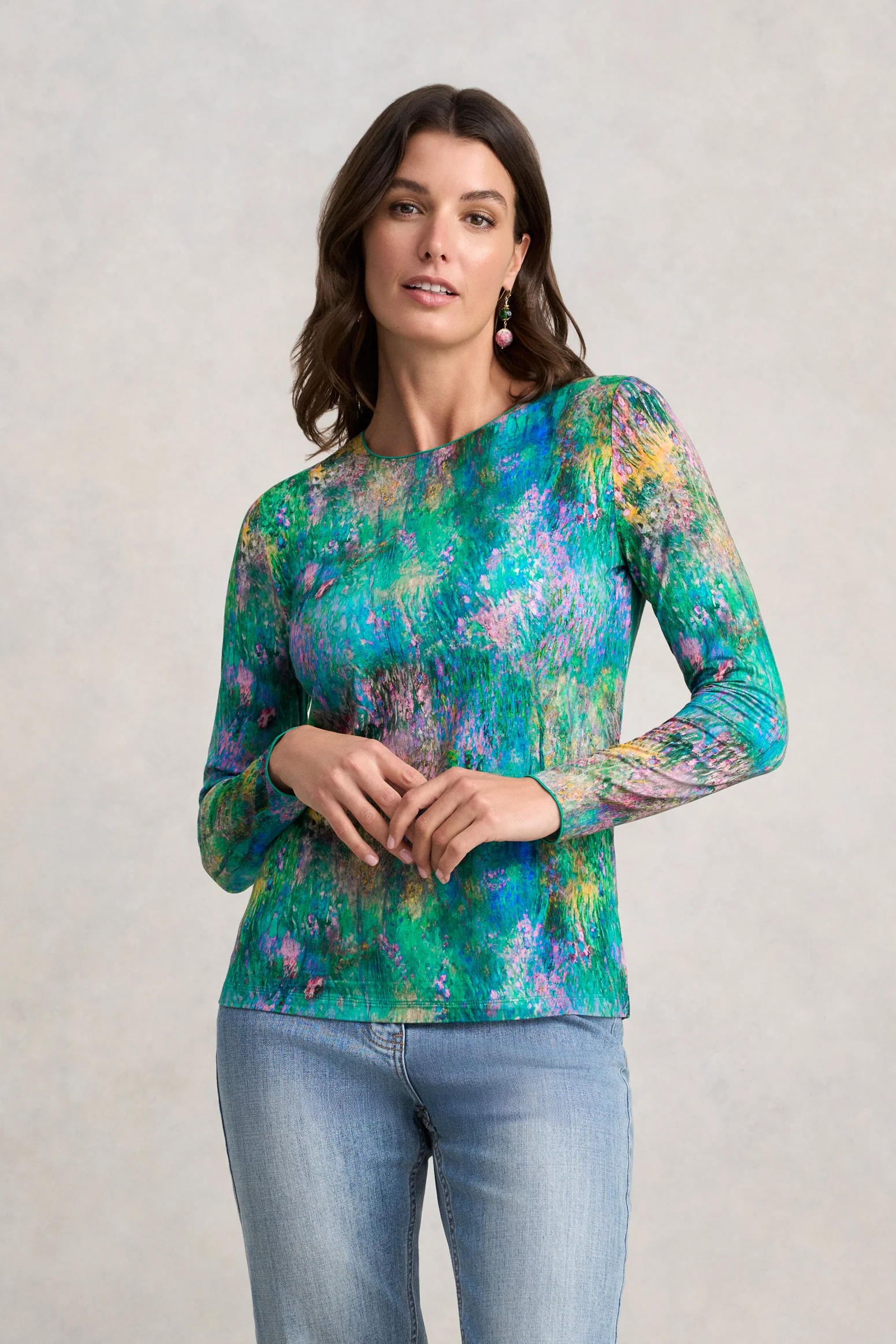 Long Sleeve Crew Neck Top - Abstract Monet Print
