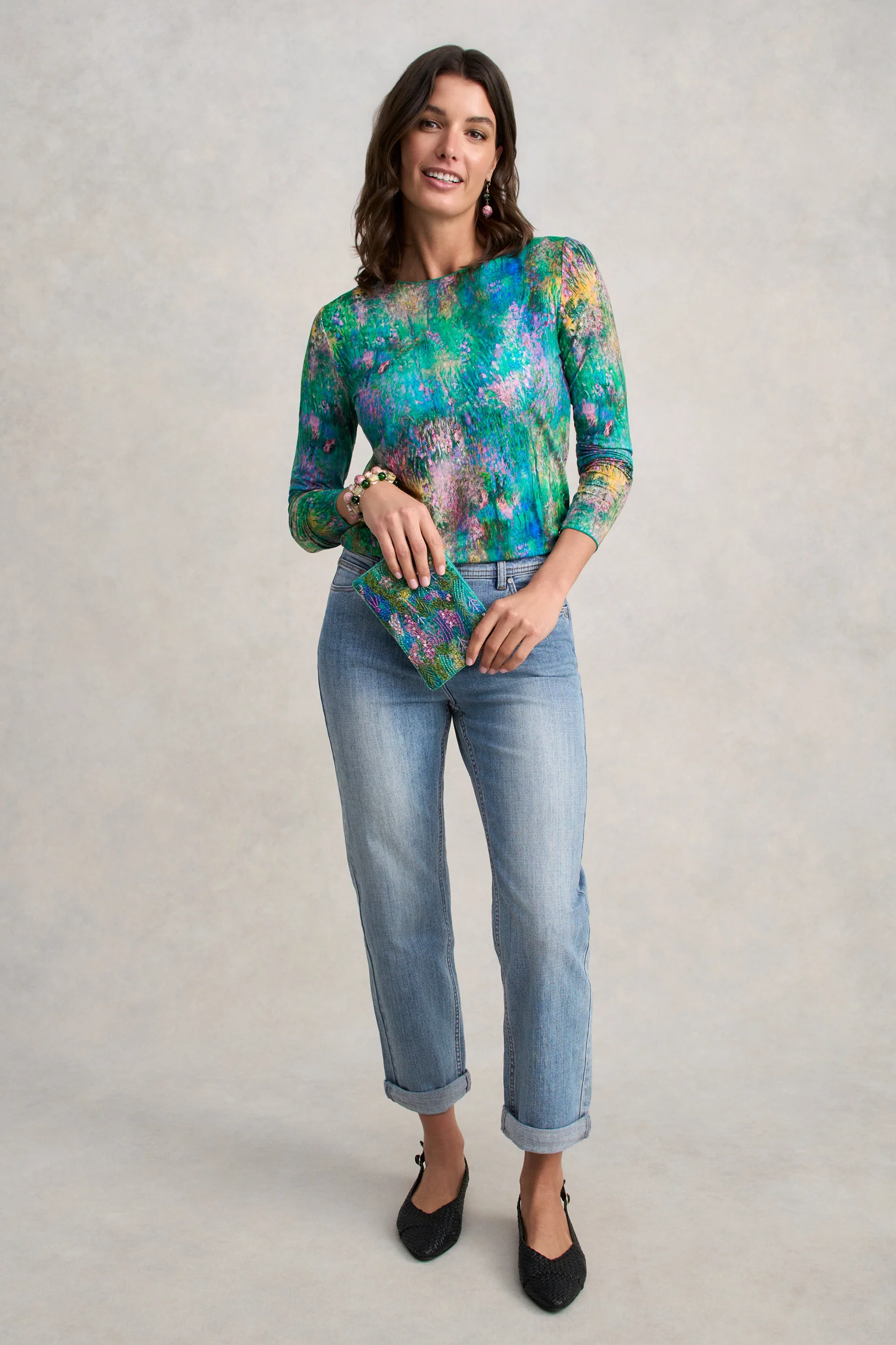 Long Sleeve Crew Neck Top - Abstract Monet Print - Image 2