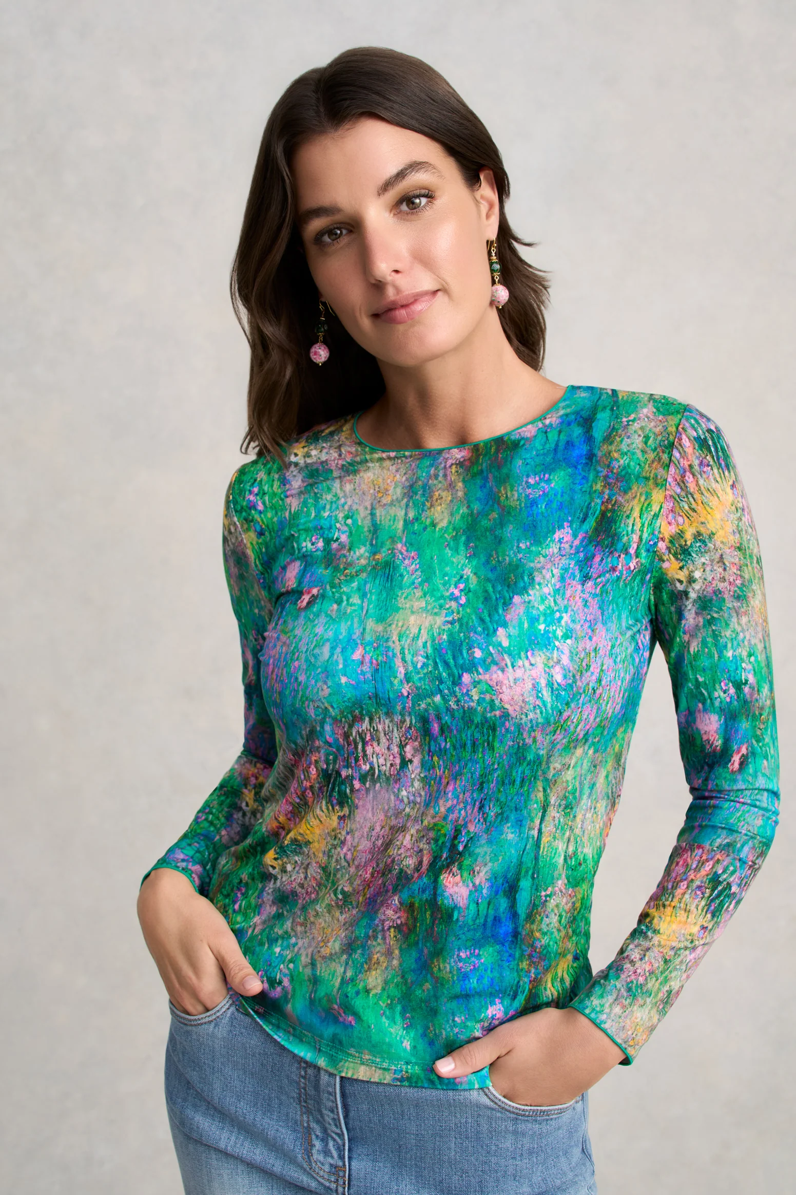 Long Sleeve Crew Neck Top - Abstract Monet Print - Image 3