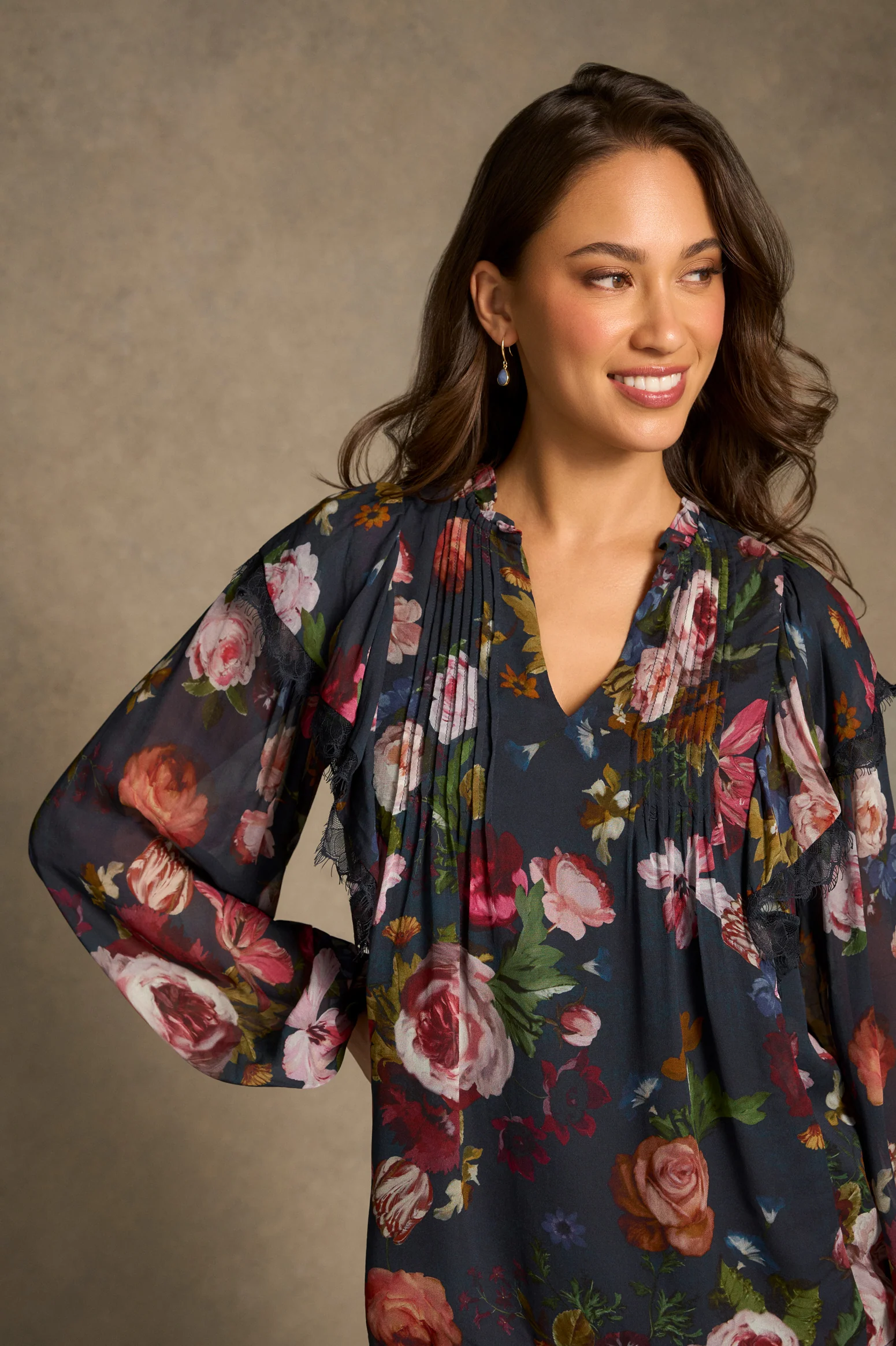 Frill Detail Printed Blouse - Ink Botanic Print - Image 3