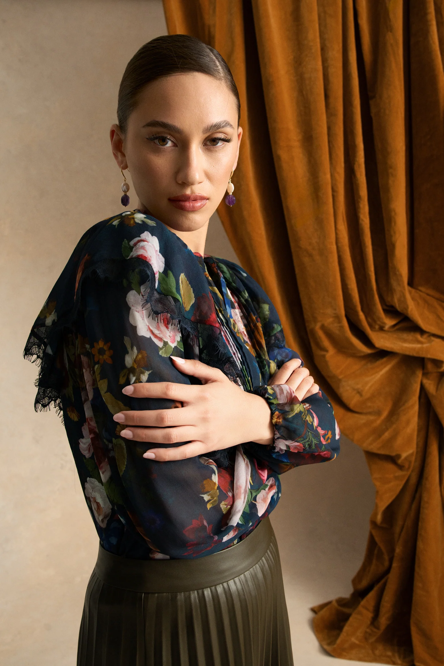Frill Detail Printed Blouse - Ink Botanic Print - Image 8