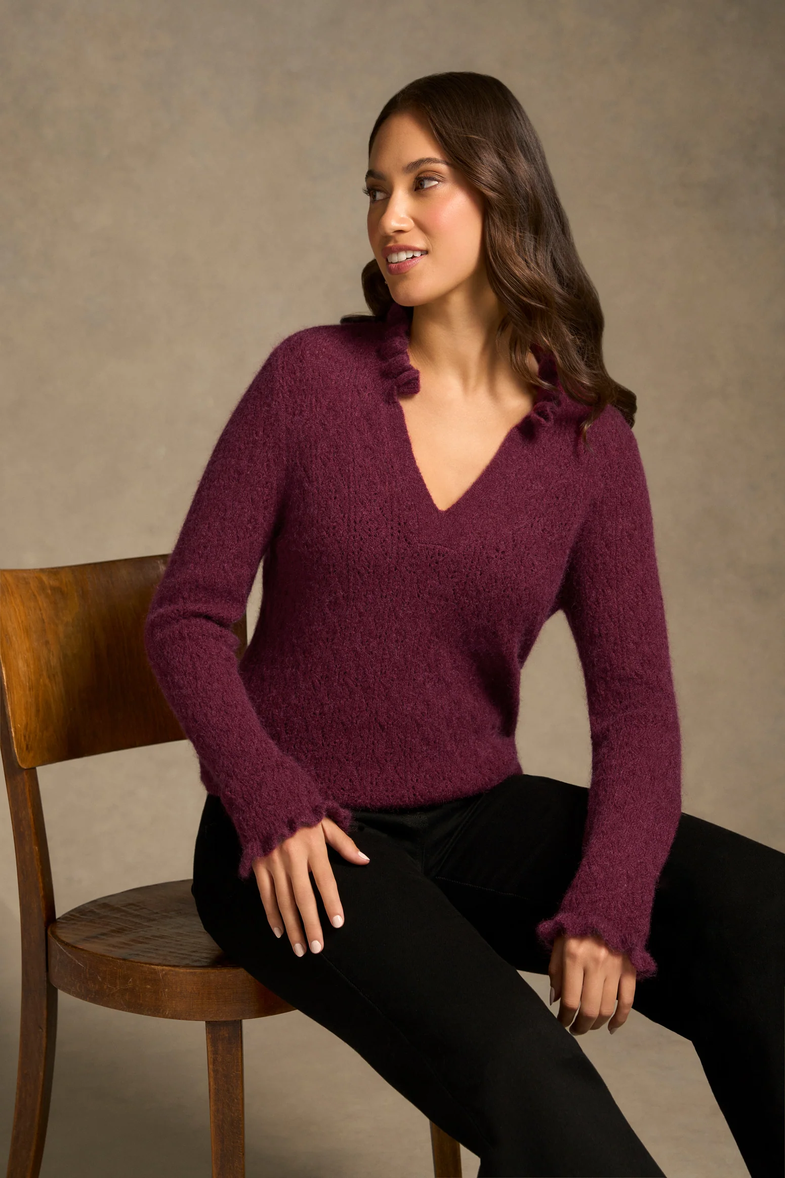 Pointelle Frill Knit - Plum - Image 5