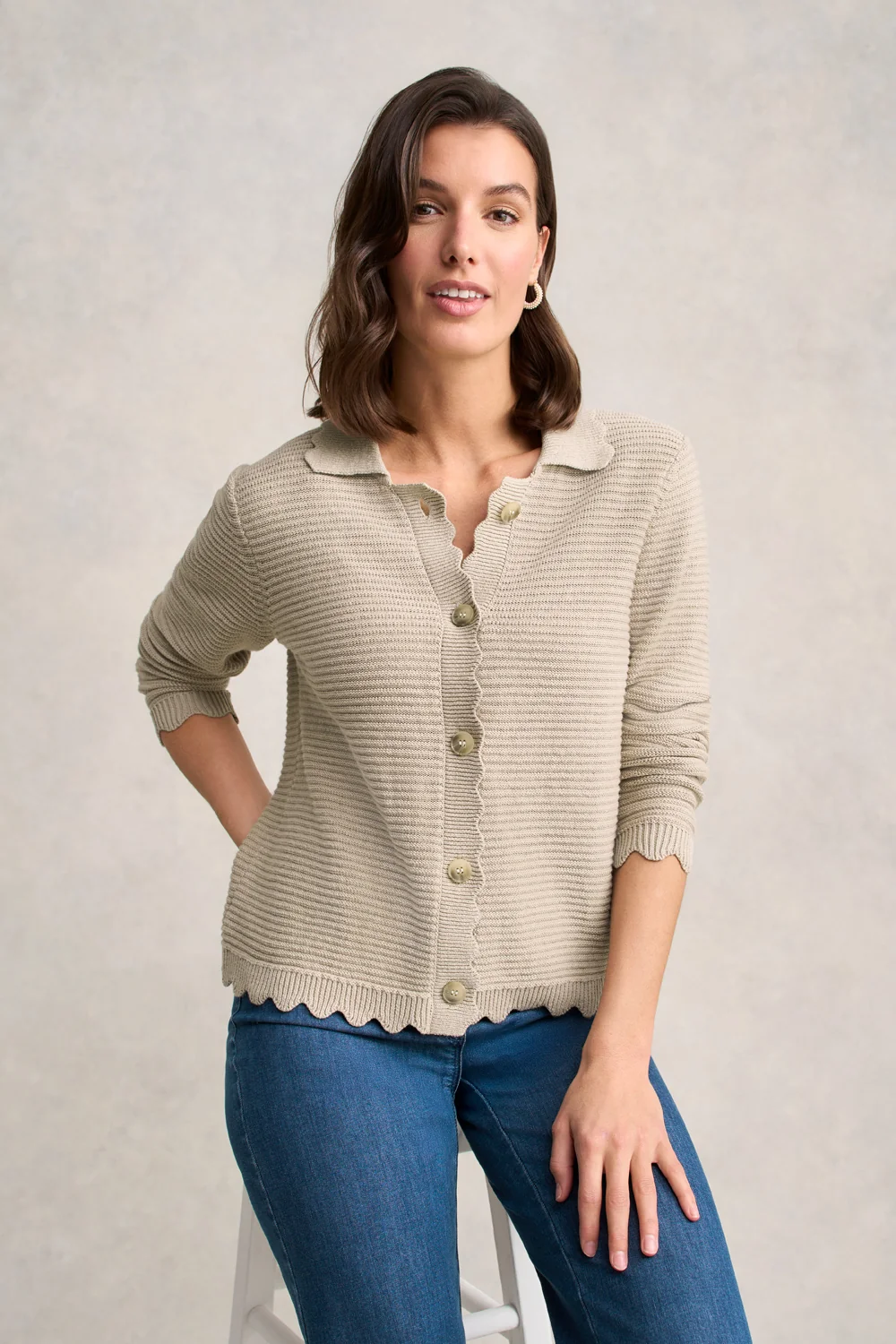 Scallop Detail Cardigan – Stone - Image 5
