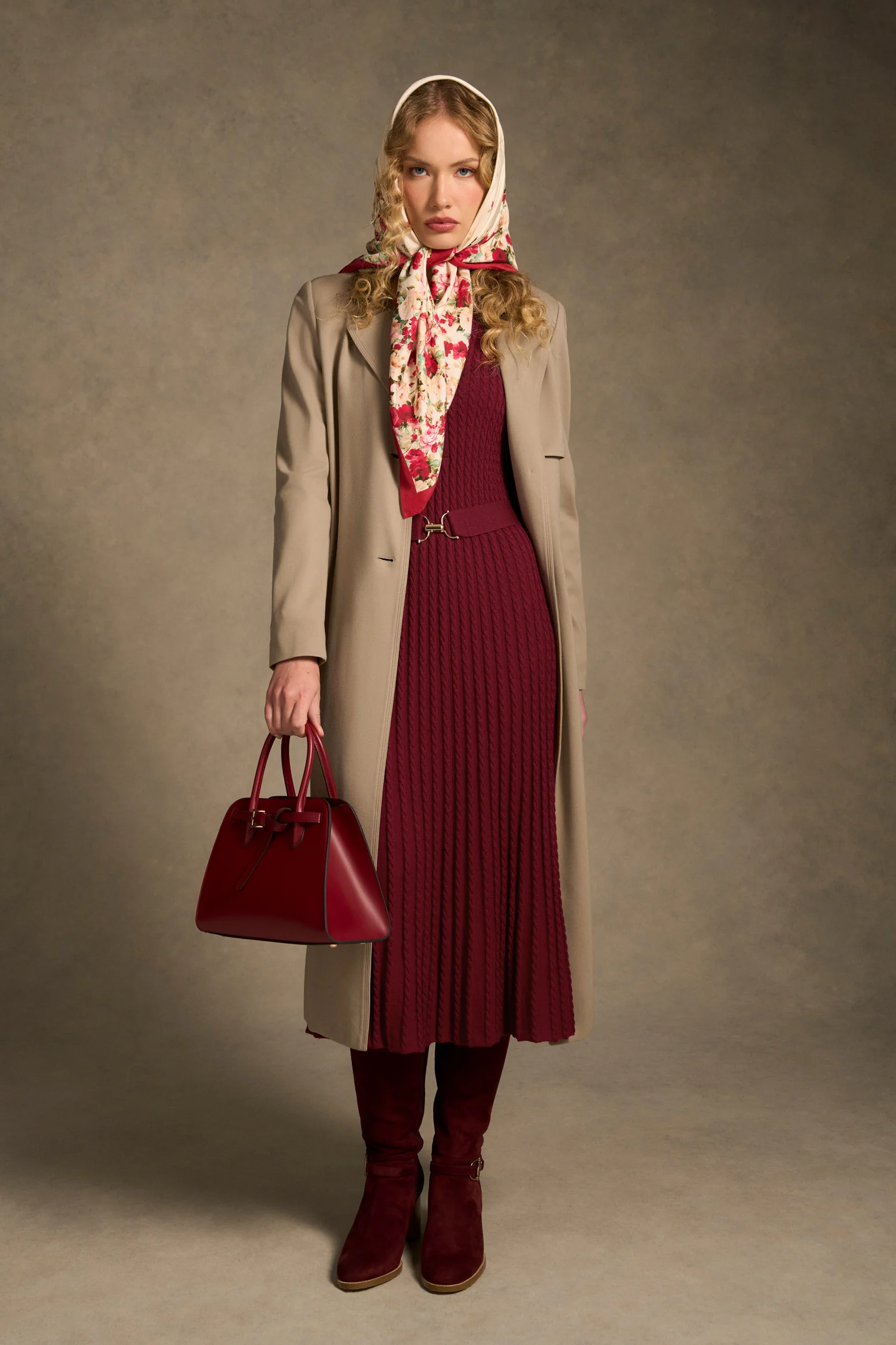 Wool Cable Knit Dress - Claret - Image 4