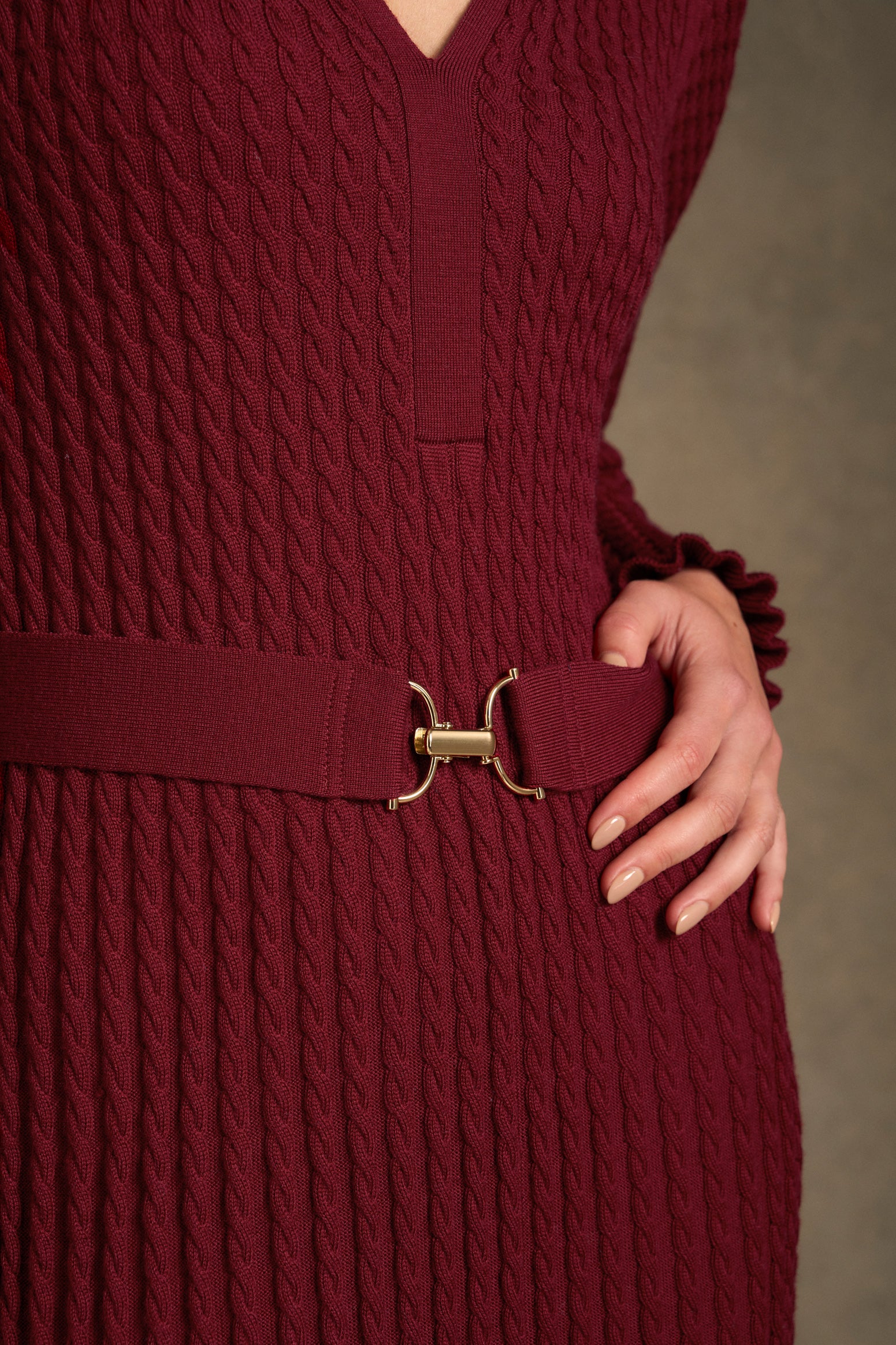 Wool Cable Knit Dress - Claret - Image 6