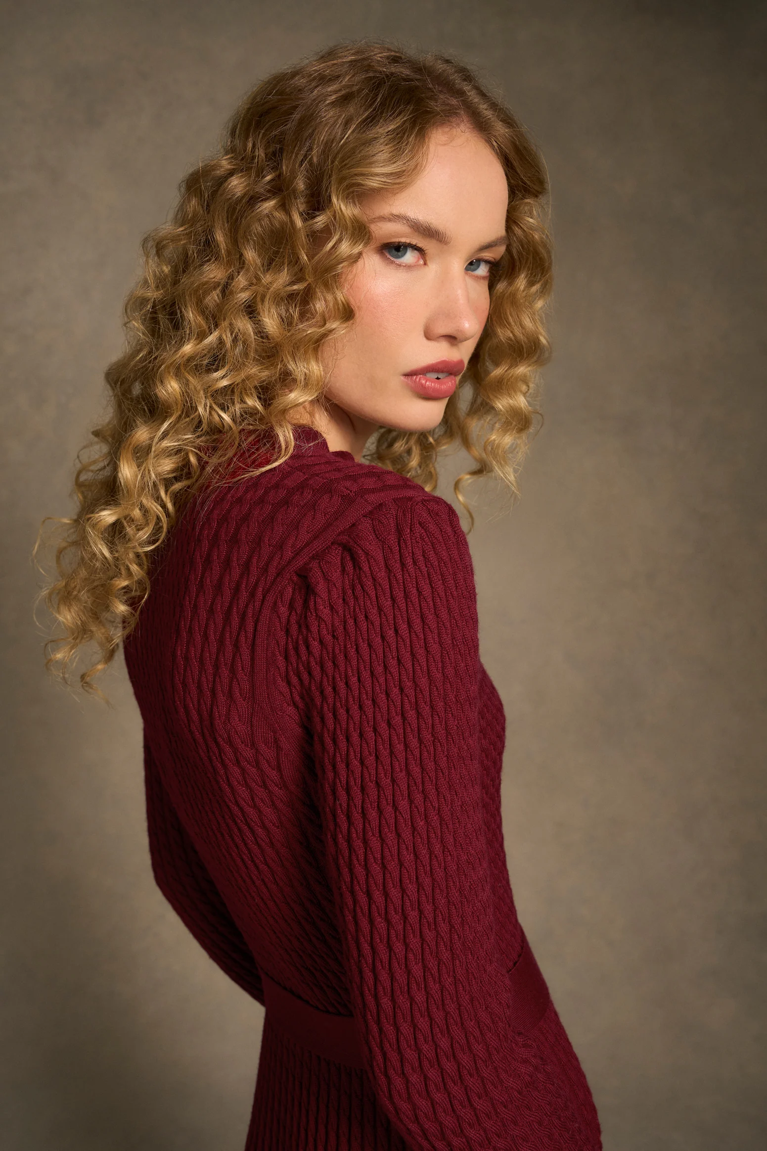 Wool Cable Knit Dress - Claret - Image 7
