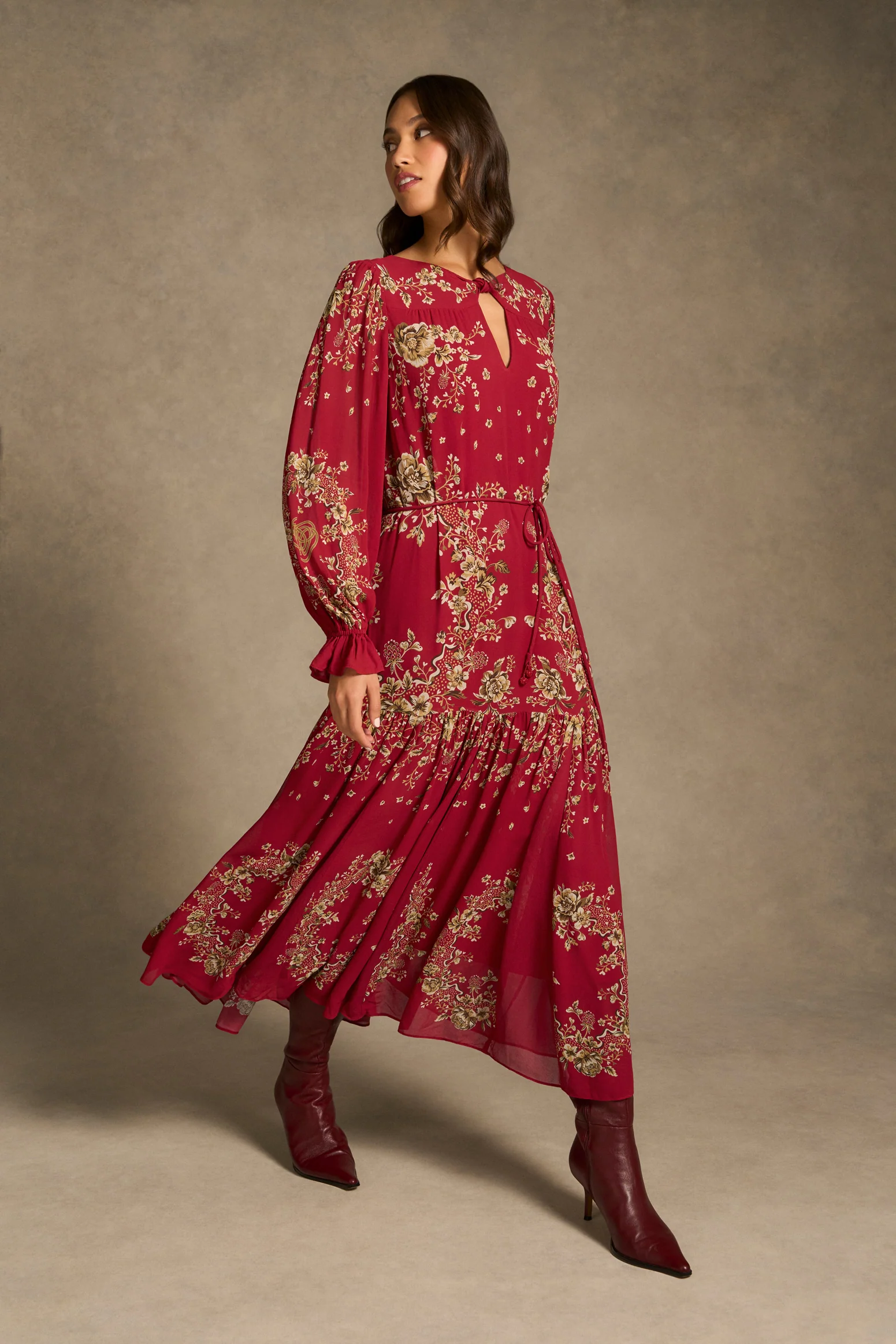 Knot Neck Midi Dress - Crimson Bloom Print - Image 3