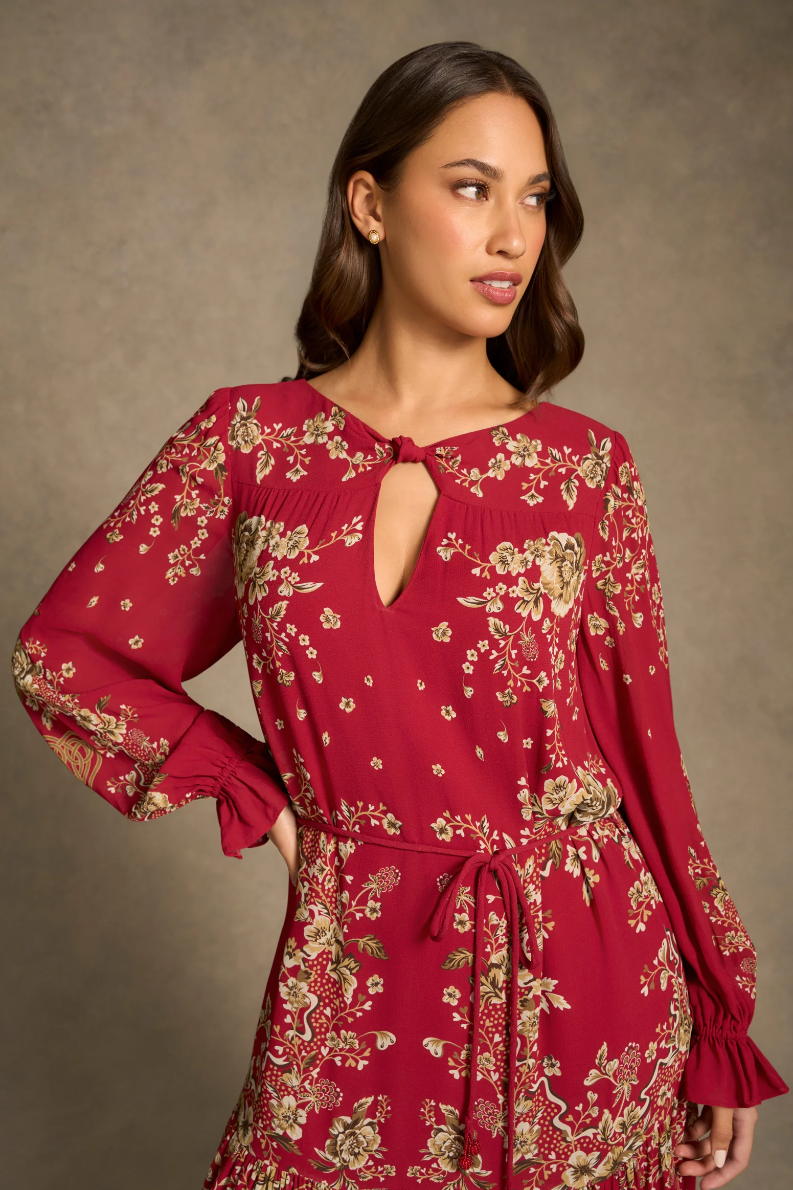 Knot Neck Midi Dress - Crimson Bloom Print - Image 4