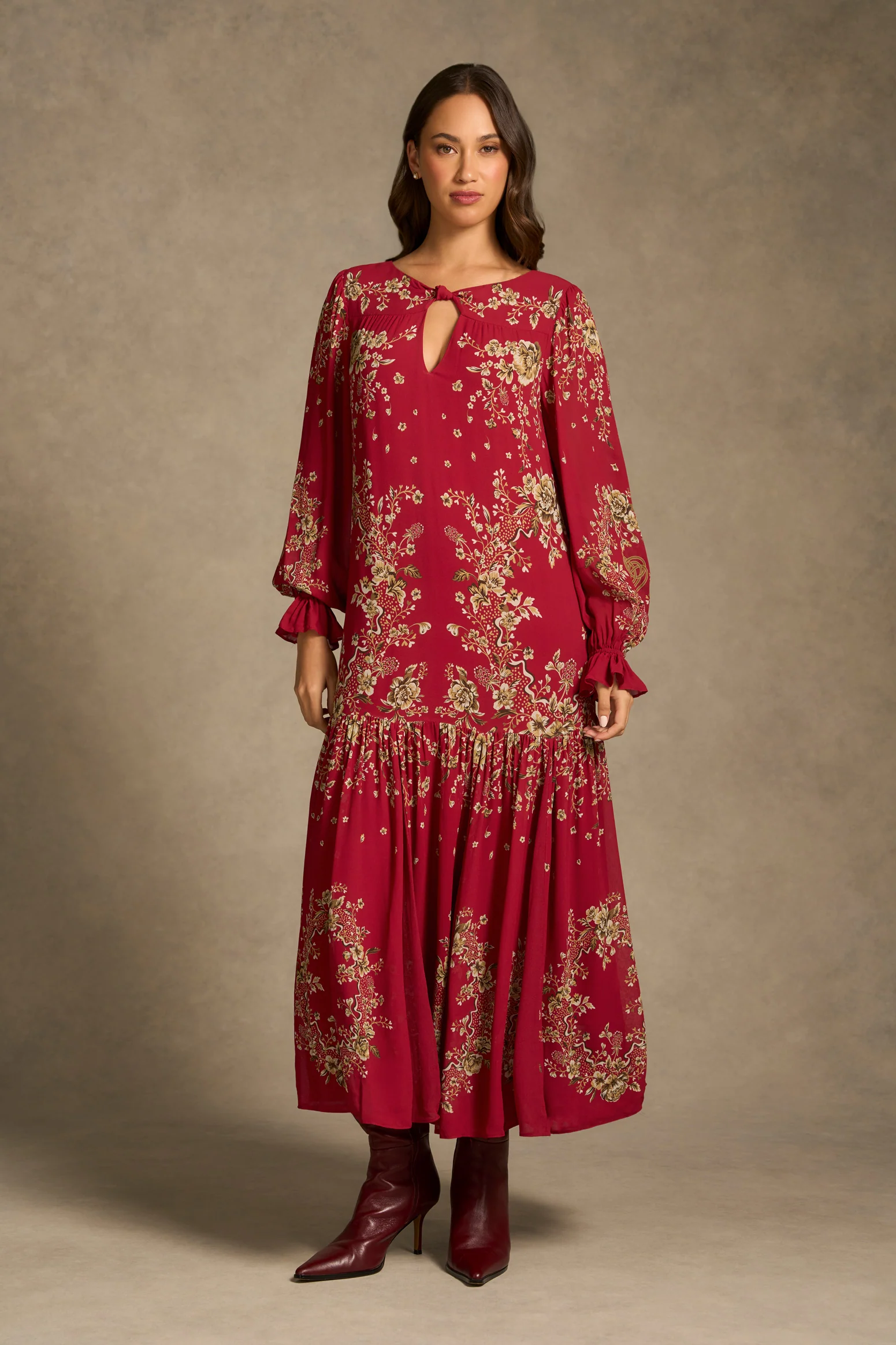Knot Neck Midi Dress - Crimson Bloom Print - Image 5
