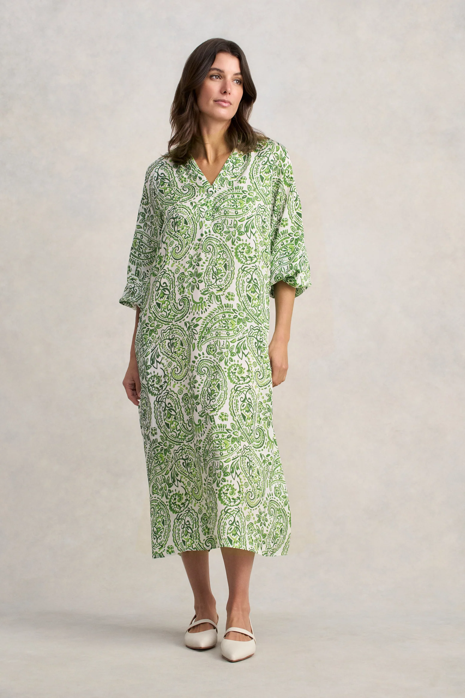 Blouson Sleeve Shift Dress - Green Paisley Print - Image 3