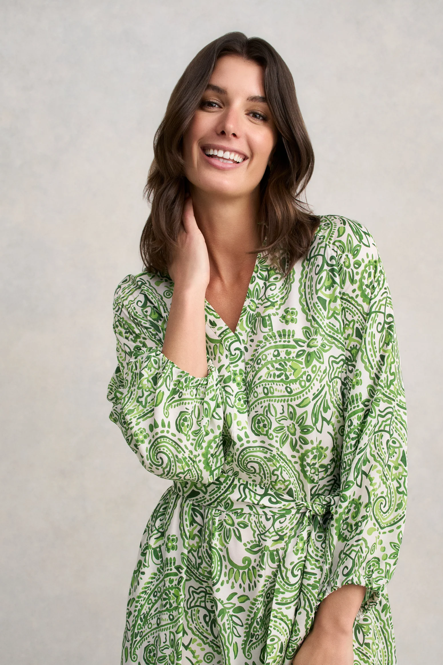 Blouson Sleeve Shift Dress - Green Paisley Print - Image 5